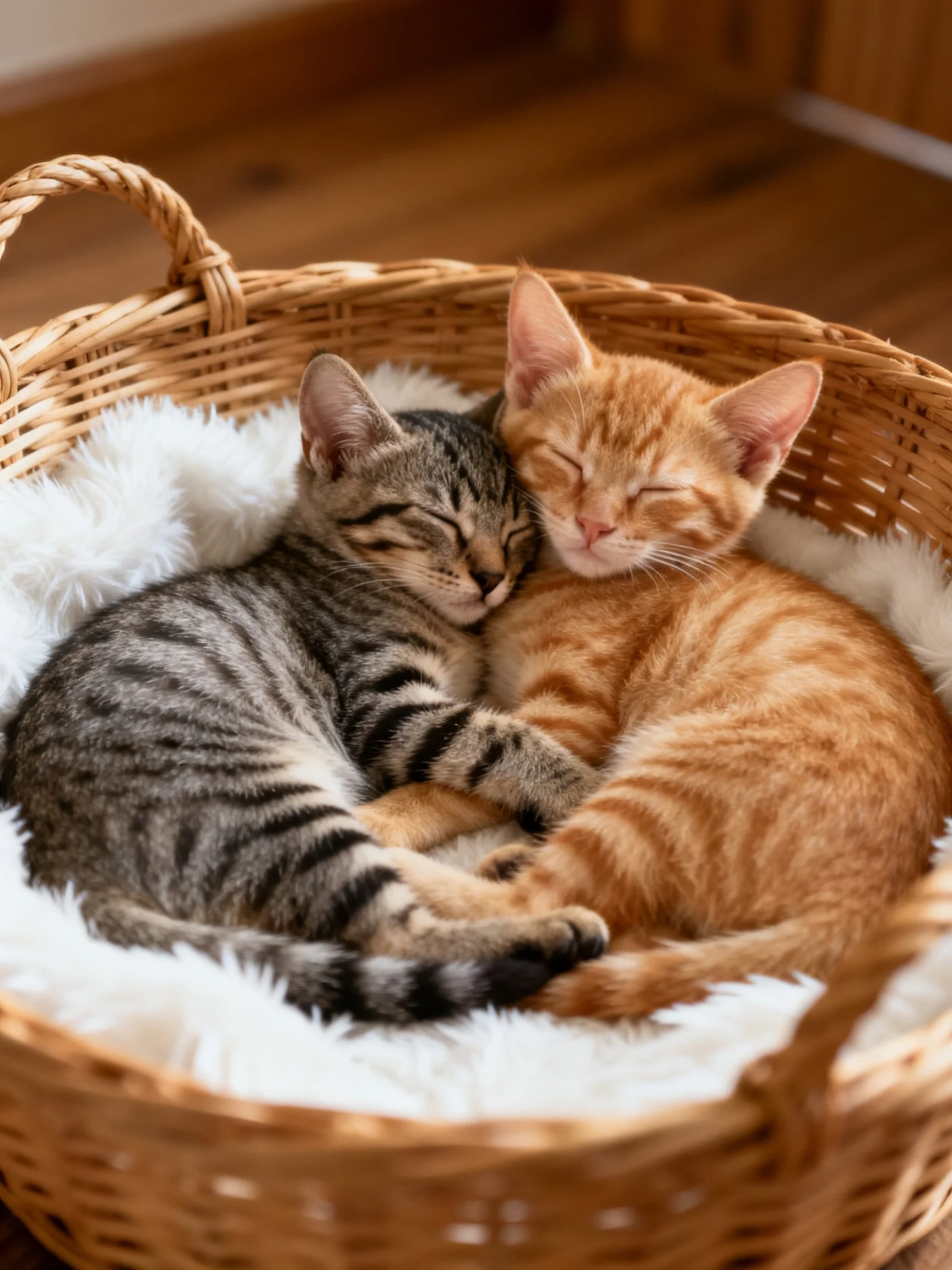 Two tabby kittens cuddle in a wicker basket with white fur lining