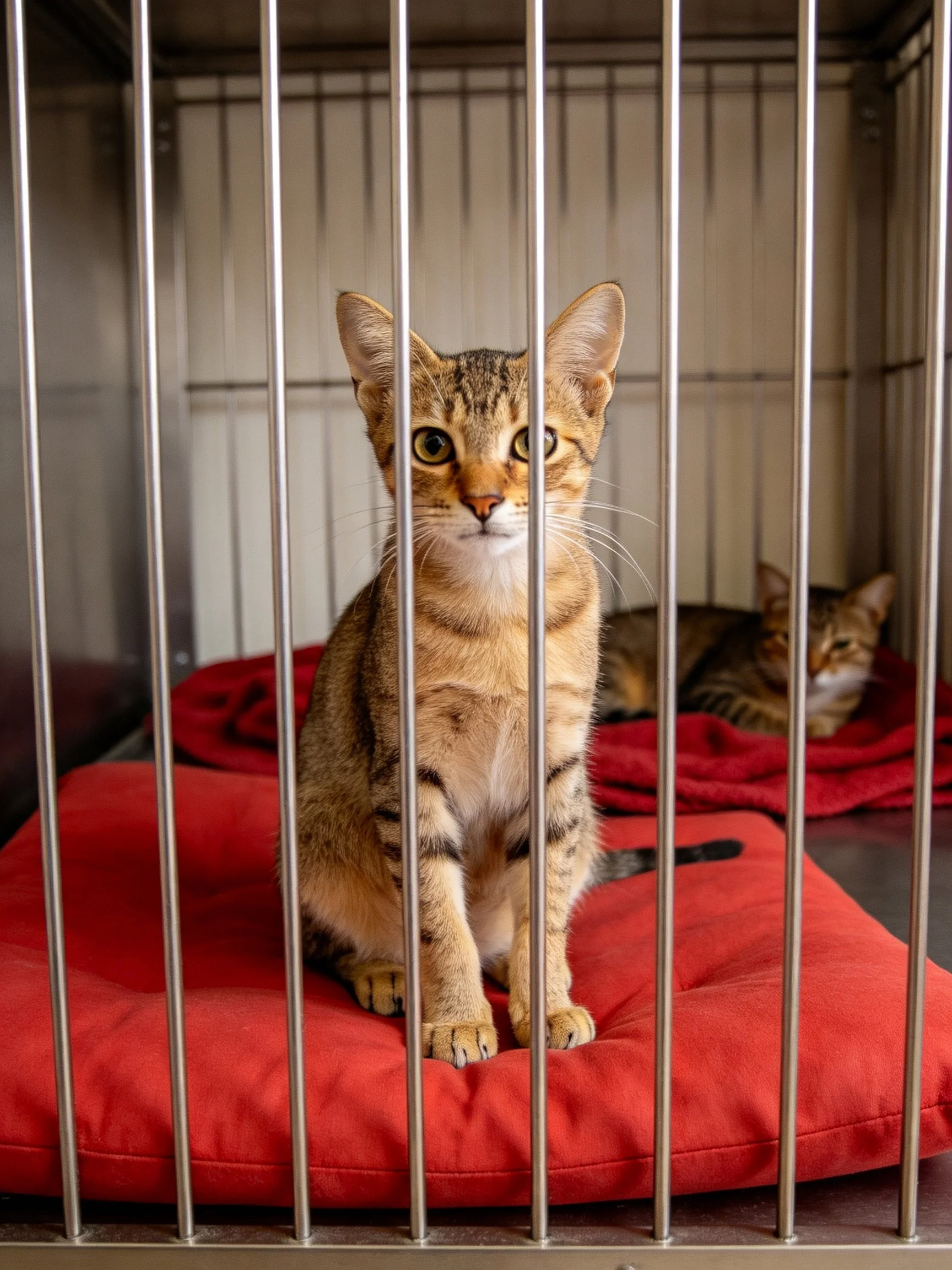 Two tabby kittens in a metal cage with red bedding