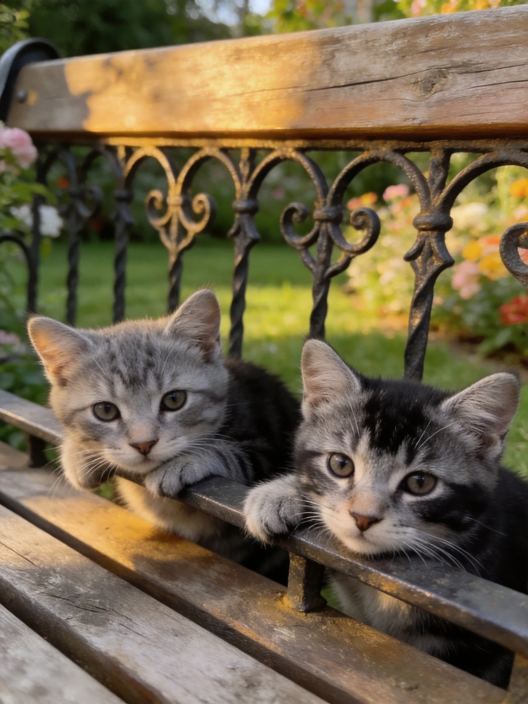 Two tabby kittens lean over an ornate wooden bench in a flower-filled garden.