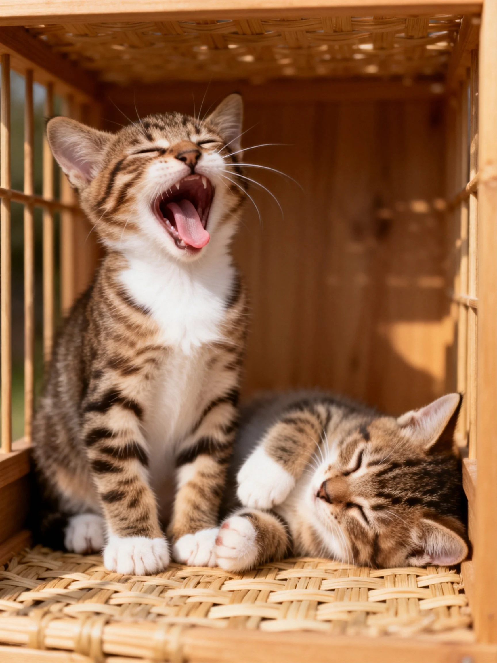 Two tabby kittens, one yawning and one sleeping, in a wooden crate