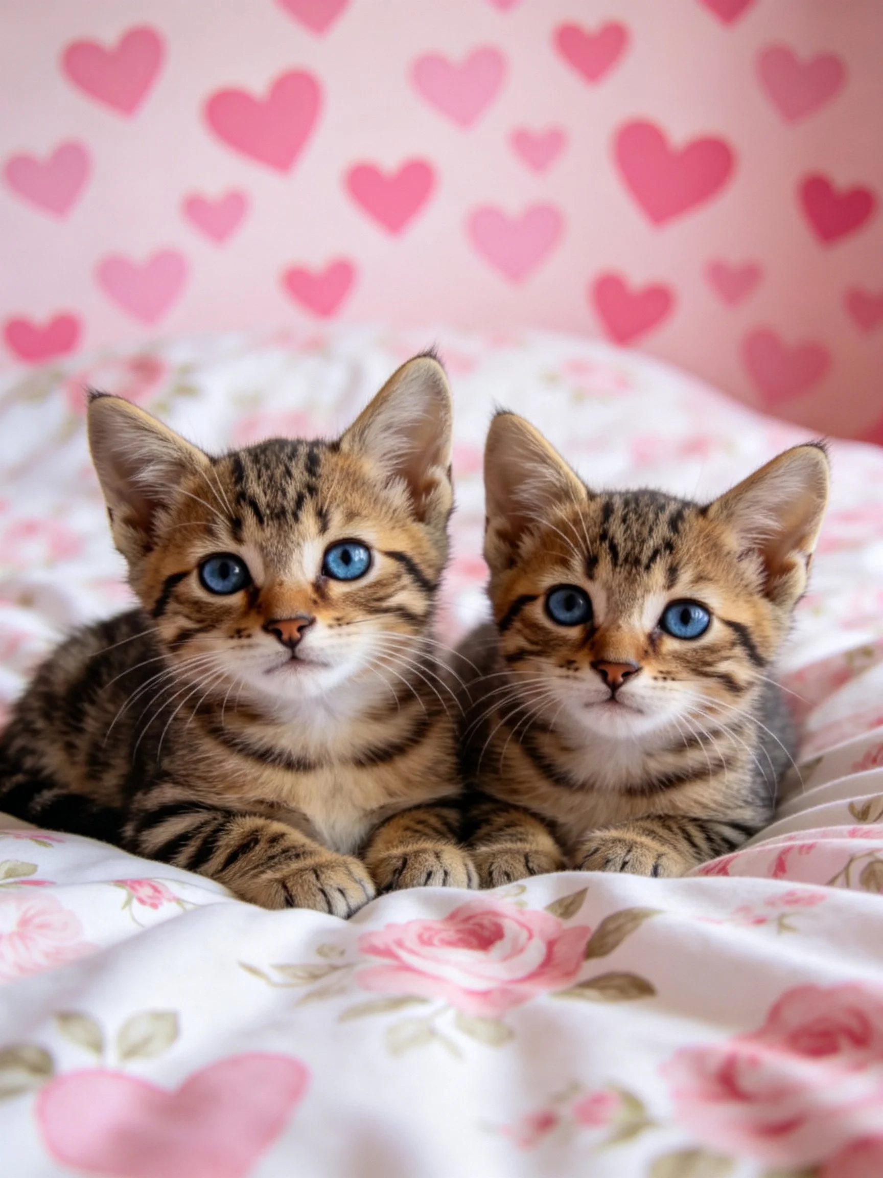 Two tabby kittens rest on a floral bed with pink heart wallpaper