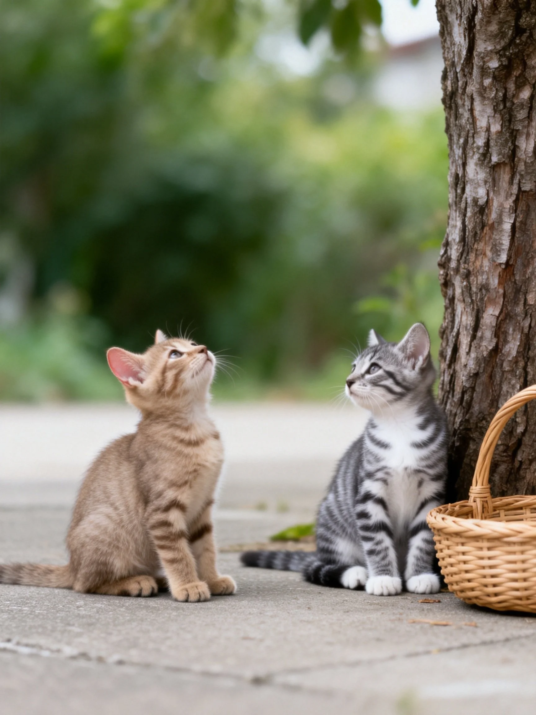 Two tabby kittens sit beside a tree with a wicker basket outdoors