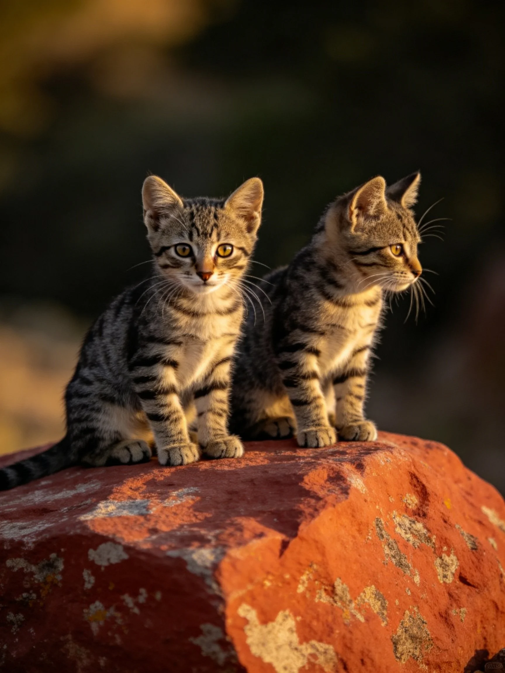 Two tabby kittens sit on a weathered orange rock in soft light