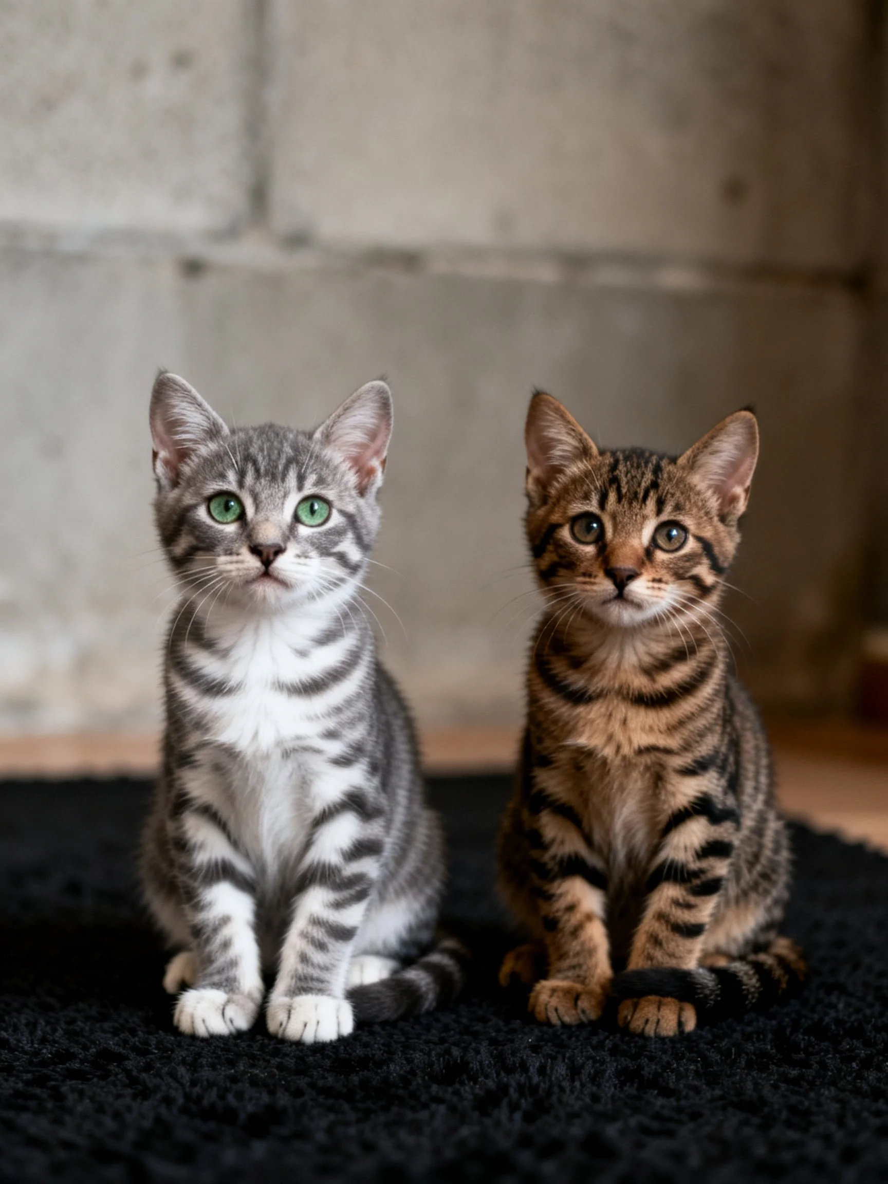 Two tabby kittens sit side by side on a dark rug near a concrete wall