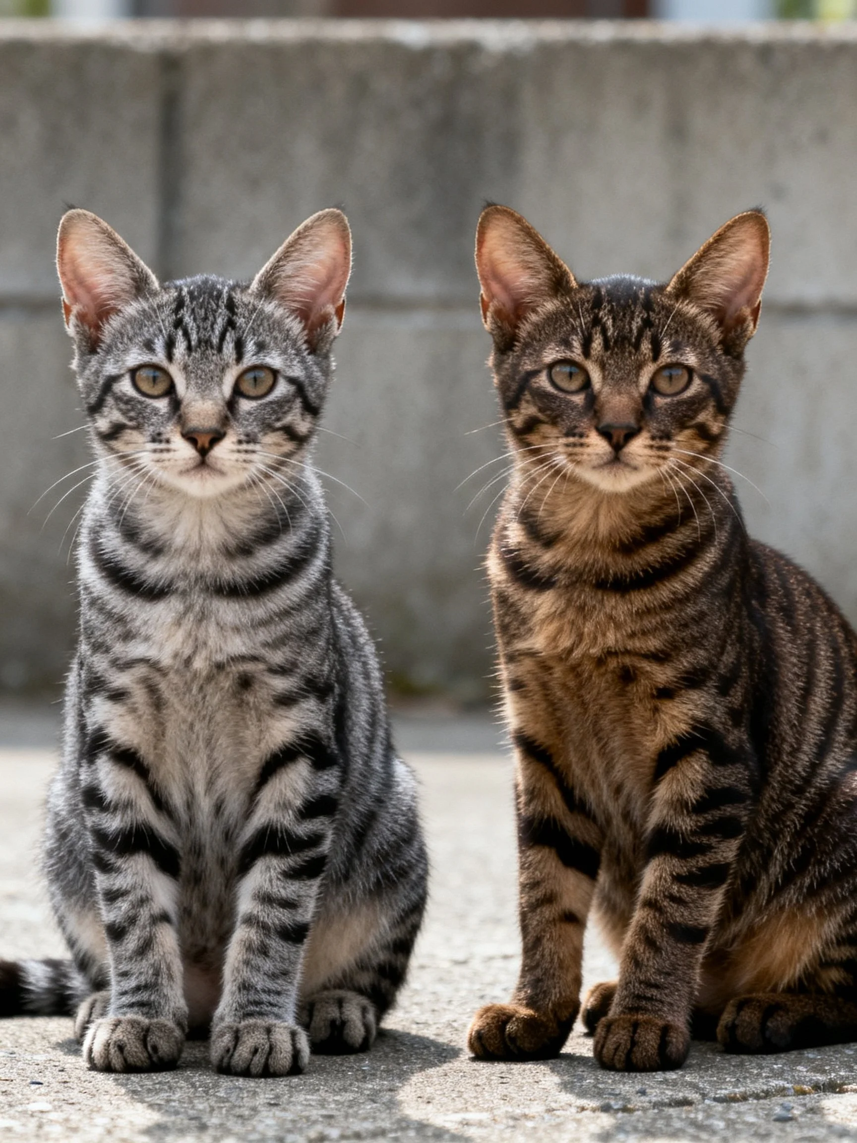 Two tabby kittens sit side by side, one gray, one brown.