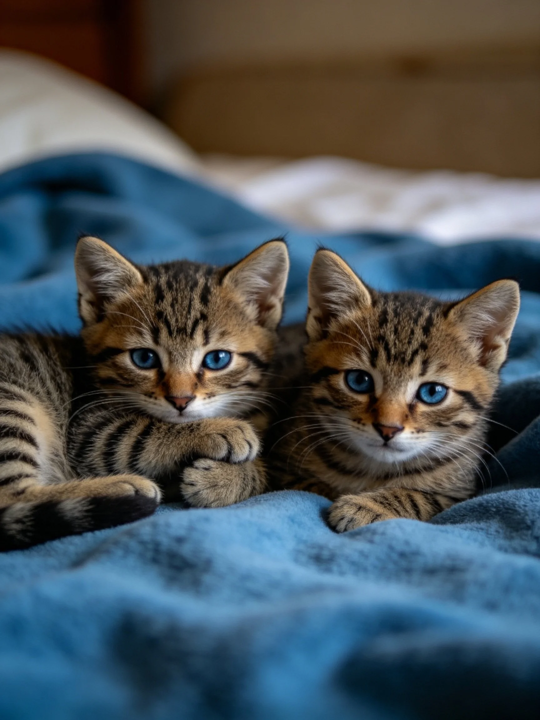 Two tabby kittens with blue eyes rest on a blue blanket