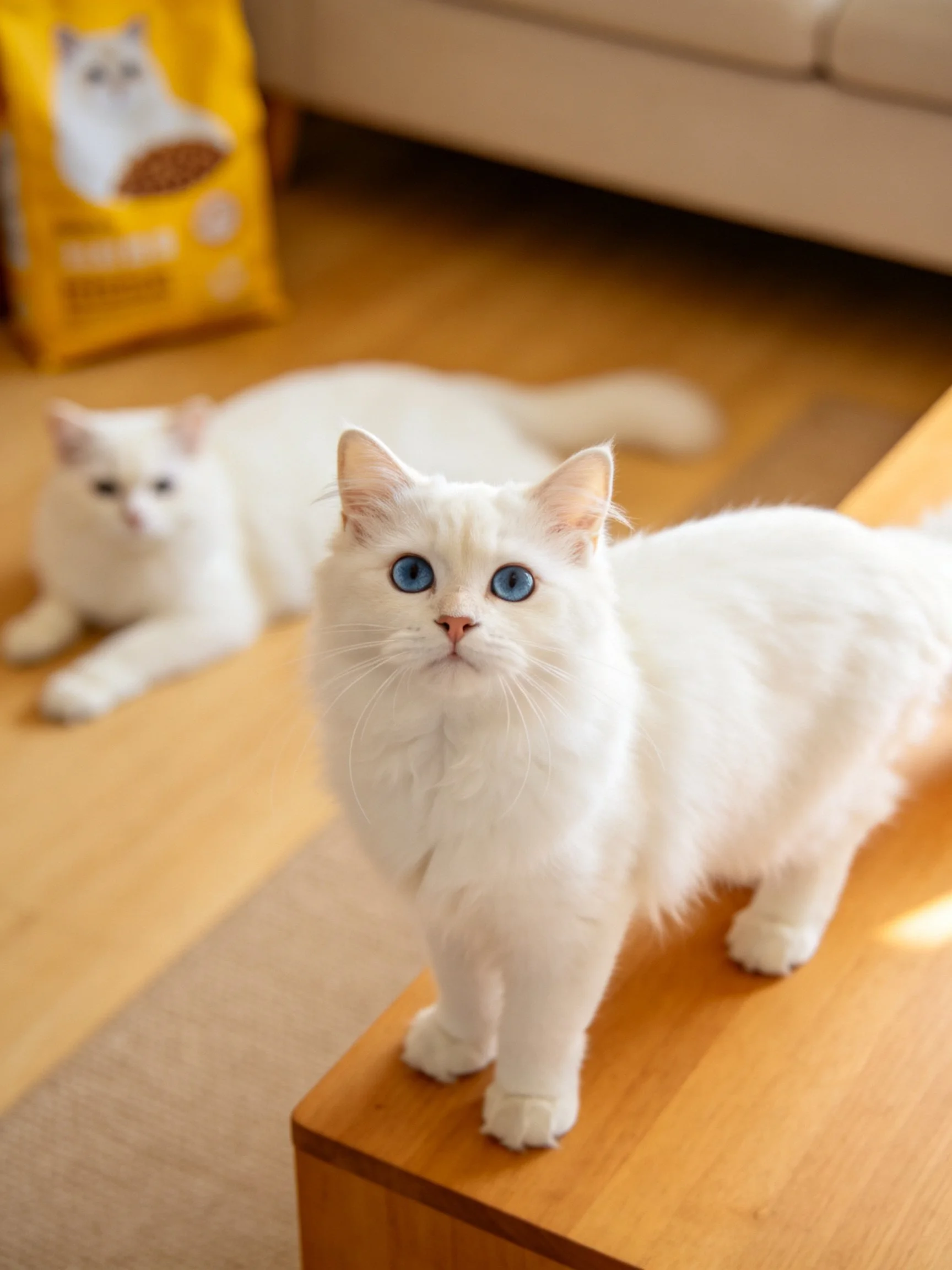 Two white cats, one standing on wood, one resting, in a cozy living room