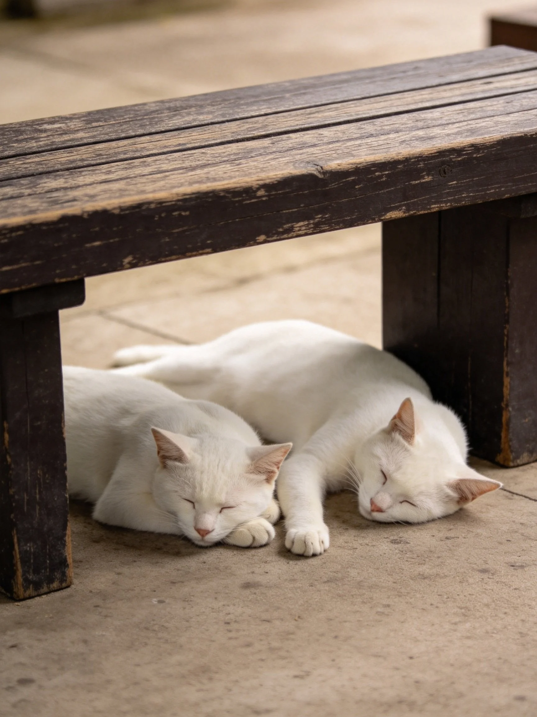 Two white cats sleep together beneath a wooden bench.