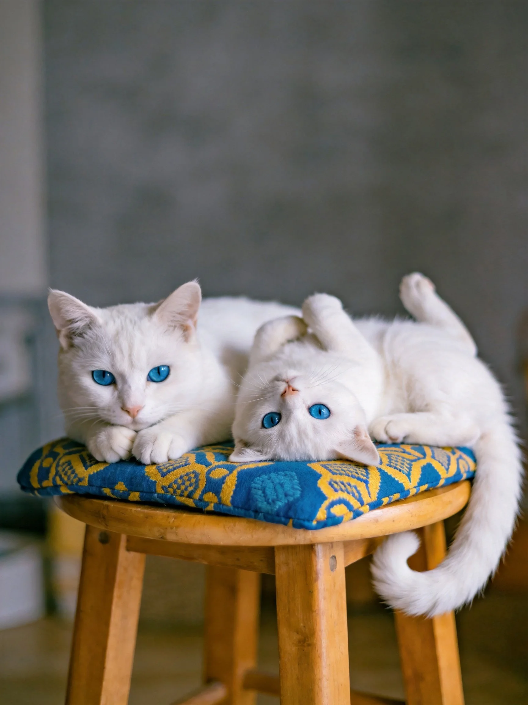 Two white cats with blue eyes rest on a wooden stool with a patterned cushion