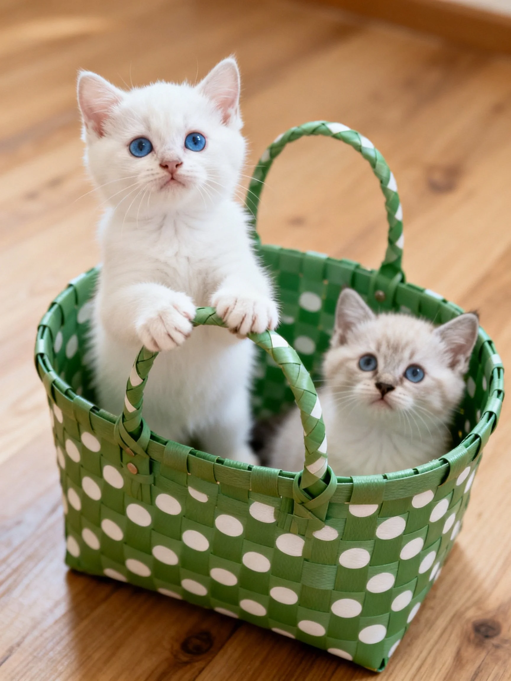 Two white kittens in a green polka dot basket on wood flooring