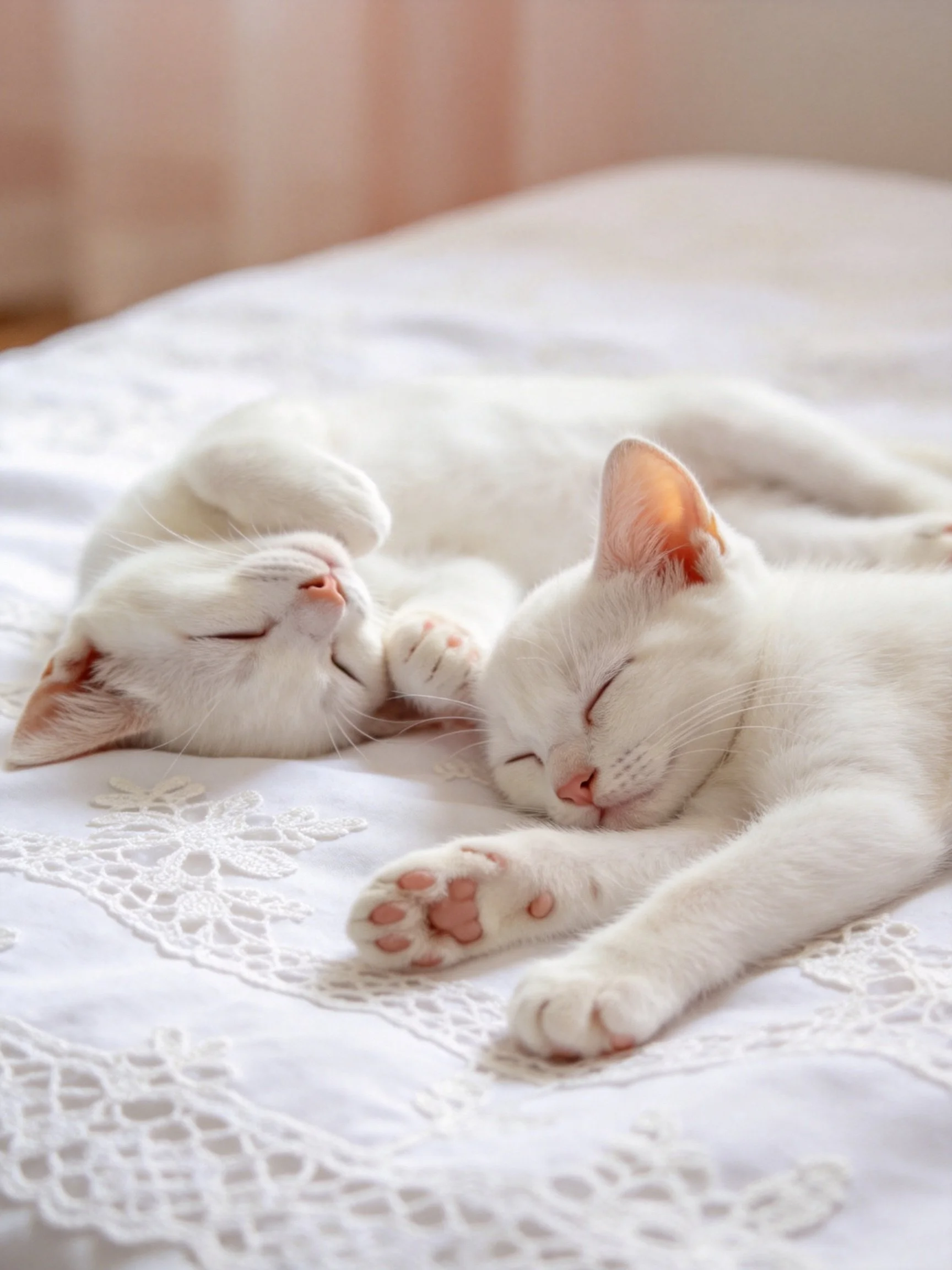 Two white kittens peacefully resting on a lace-trimmed bed