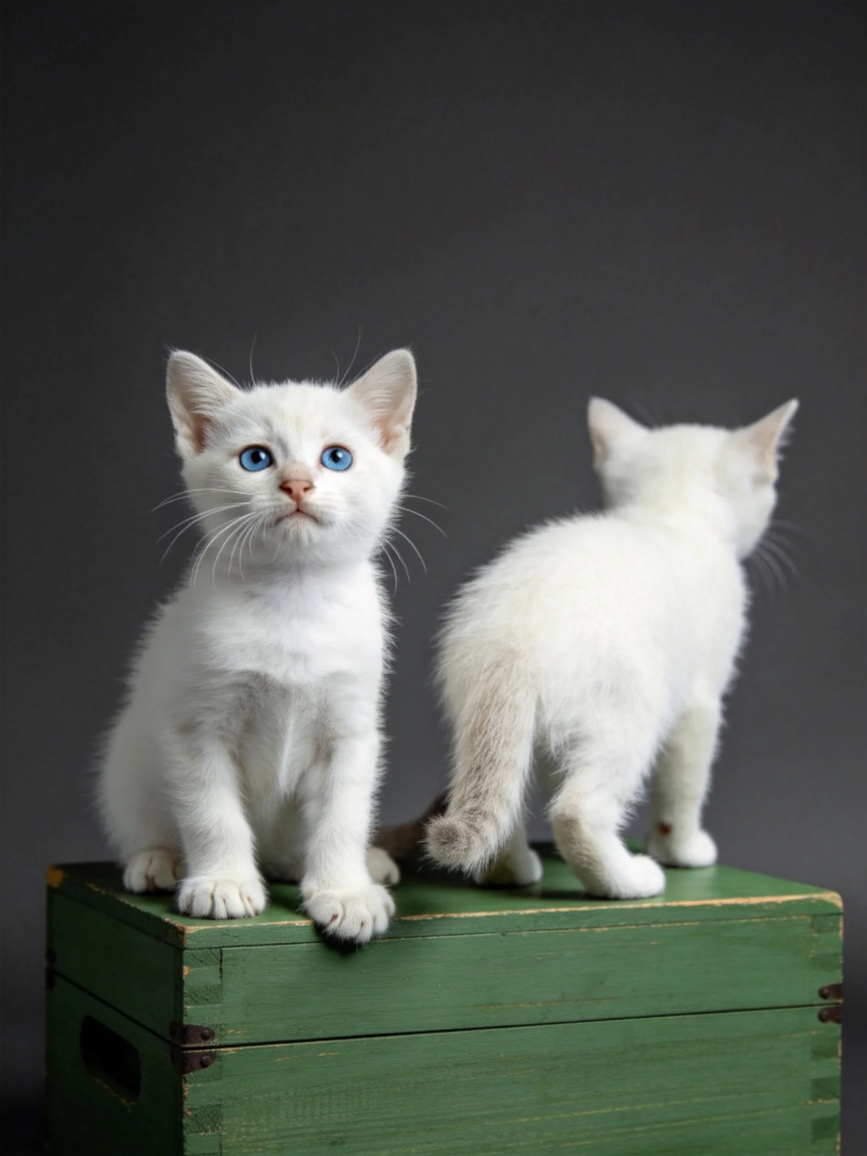 Two white kittens sit on a green wooden box against a dark backdrop