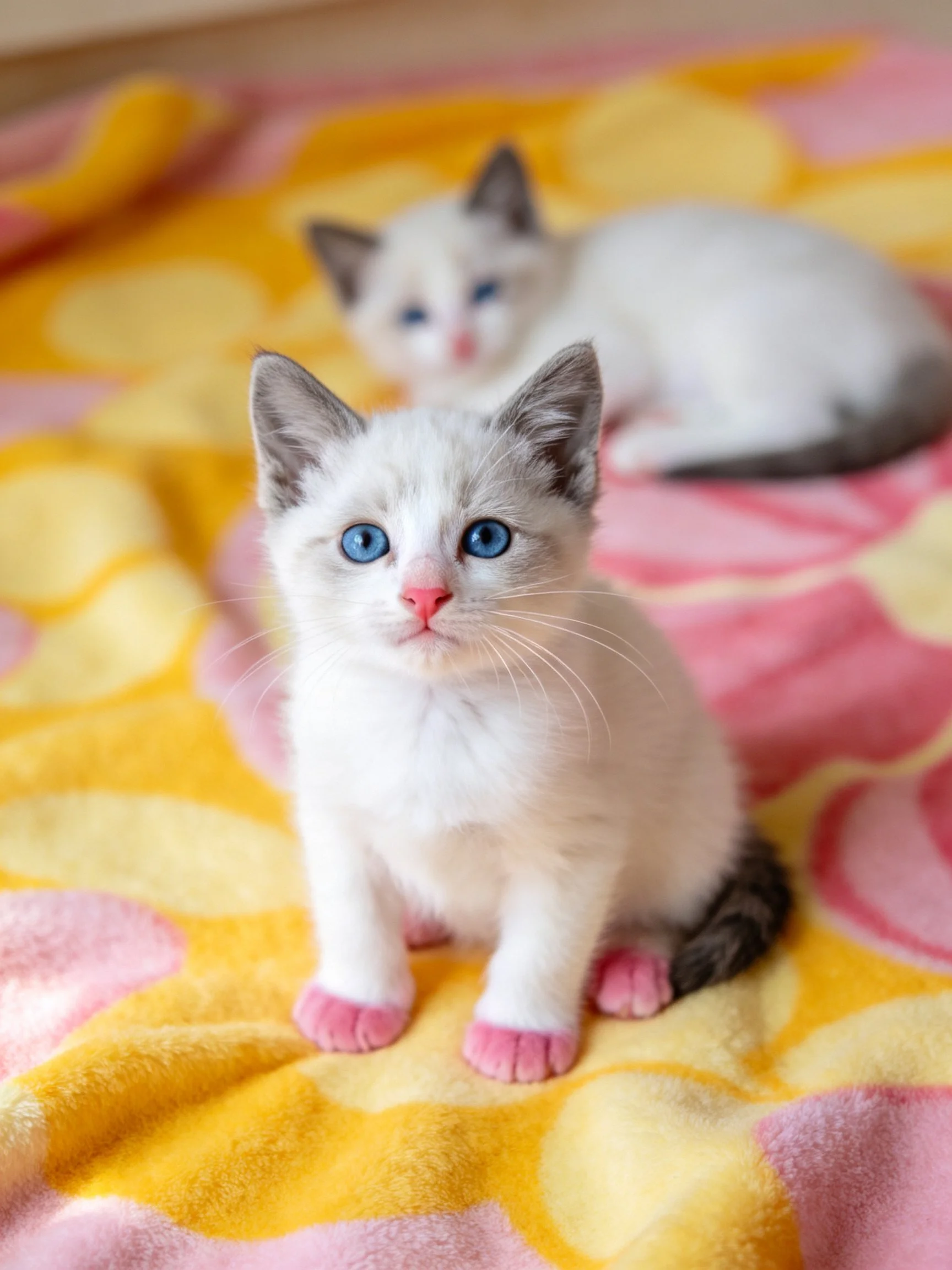 Two white kittens with blue eyes rest on a pink and yellow patterned blanket