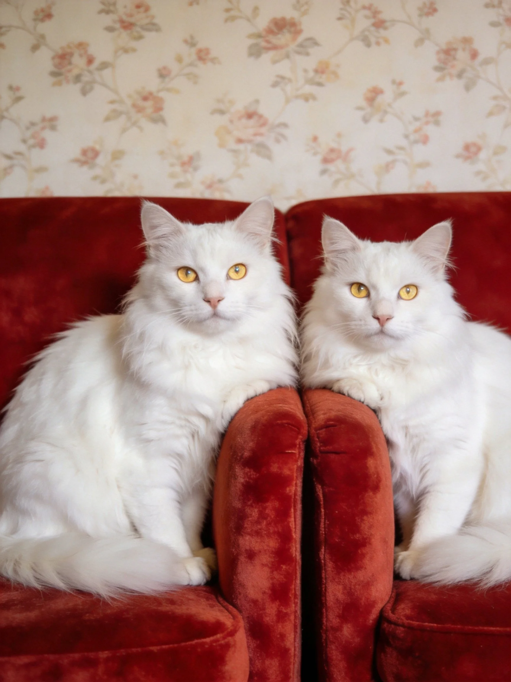 Two white long-haired cats resting on a crimson sofa with floral wallpaper