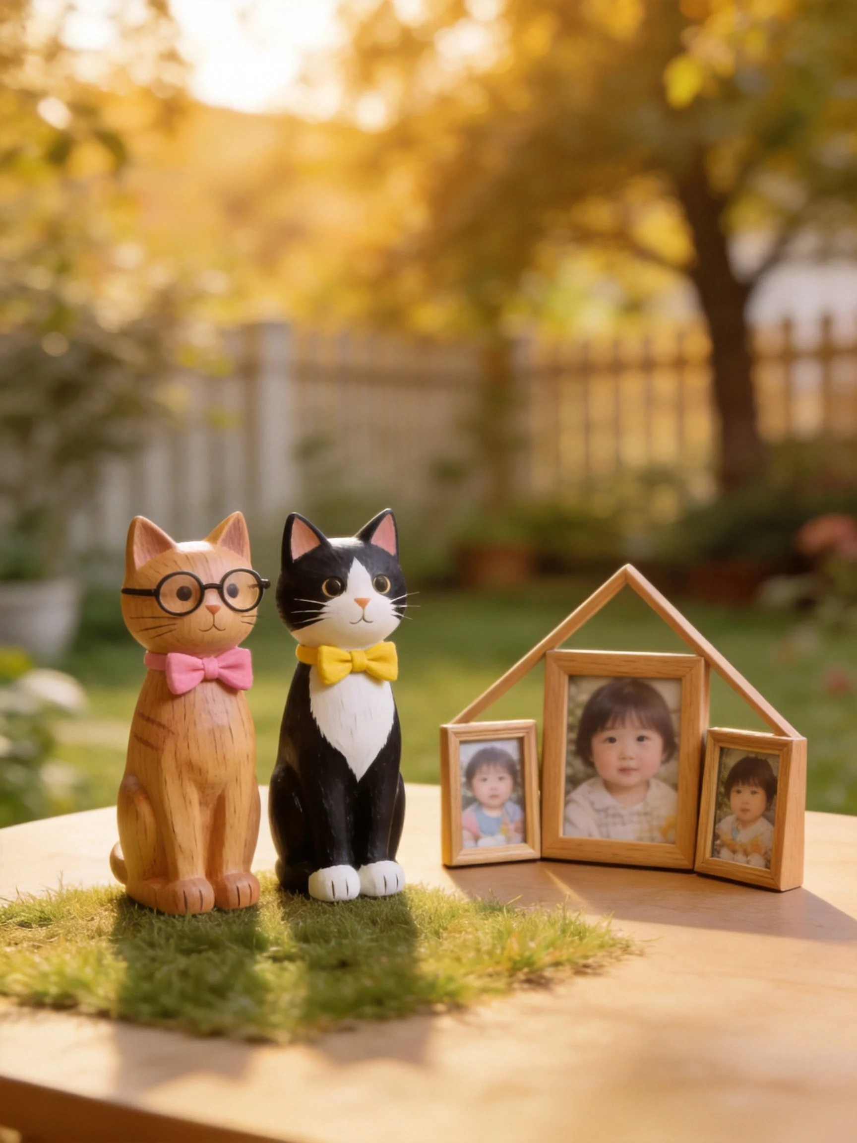 Two wooden cat figurines with colored bows sit beside a house-shaped photo frame in a garden.