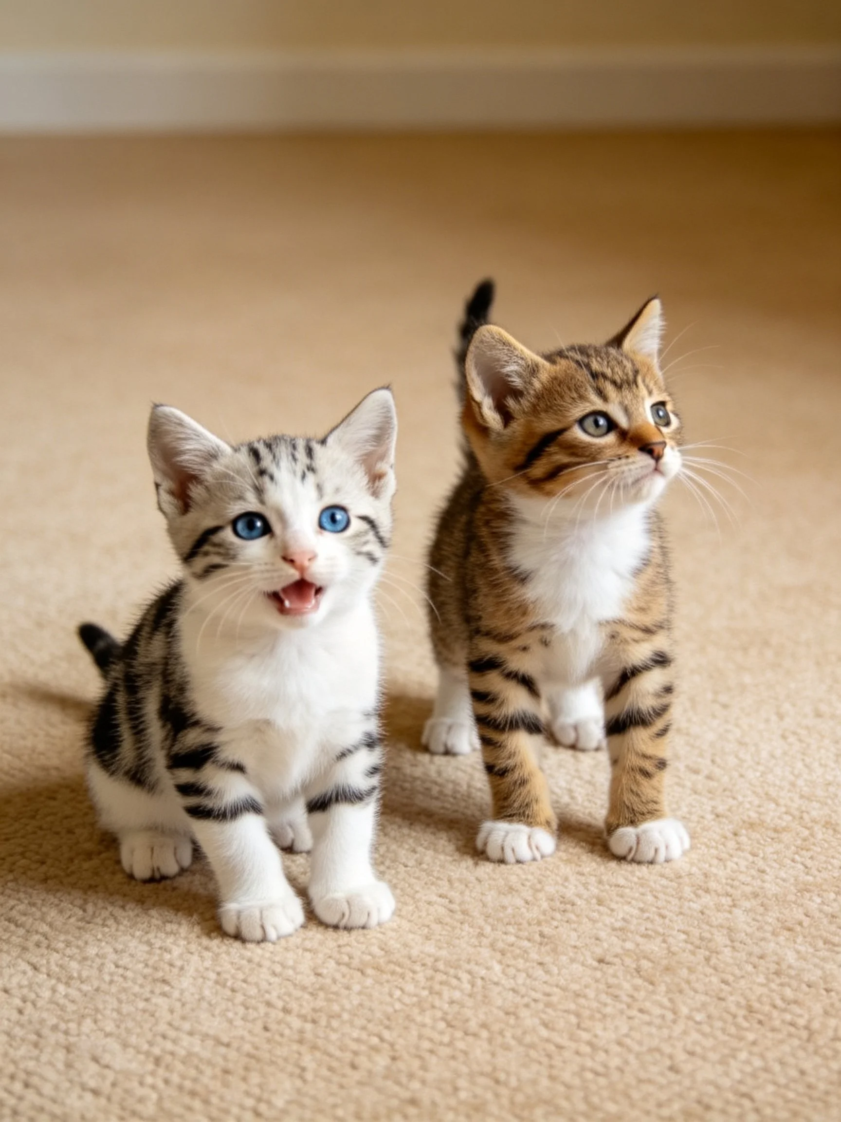 Two young tabby and white kittens on a beige carpet