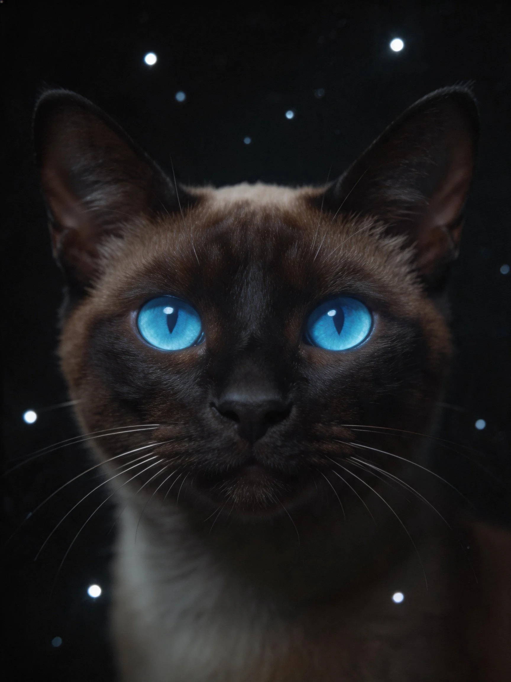 Vibrant blue-eyed Siamese cat amid dark starry expanse