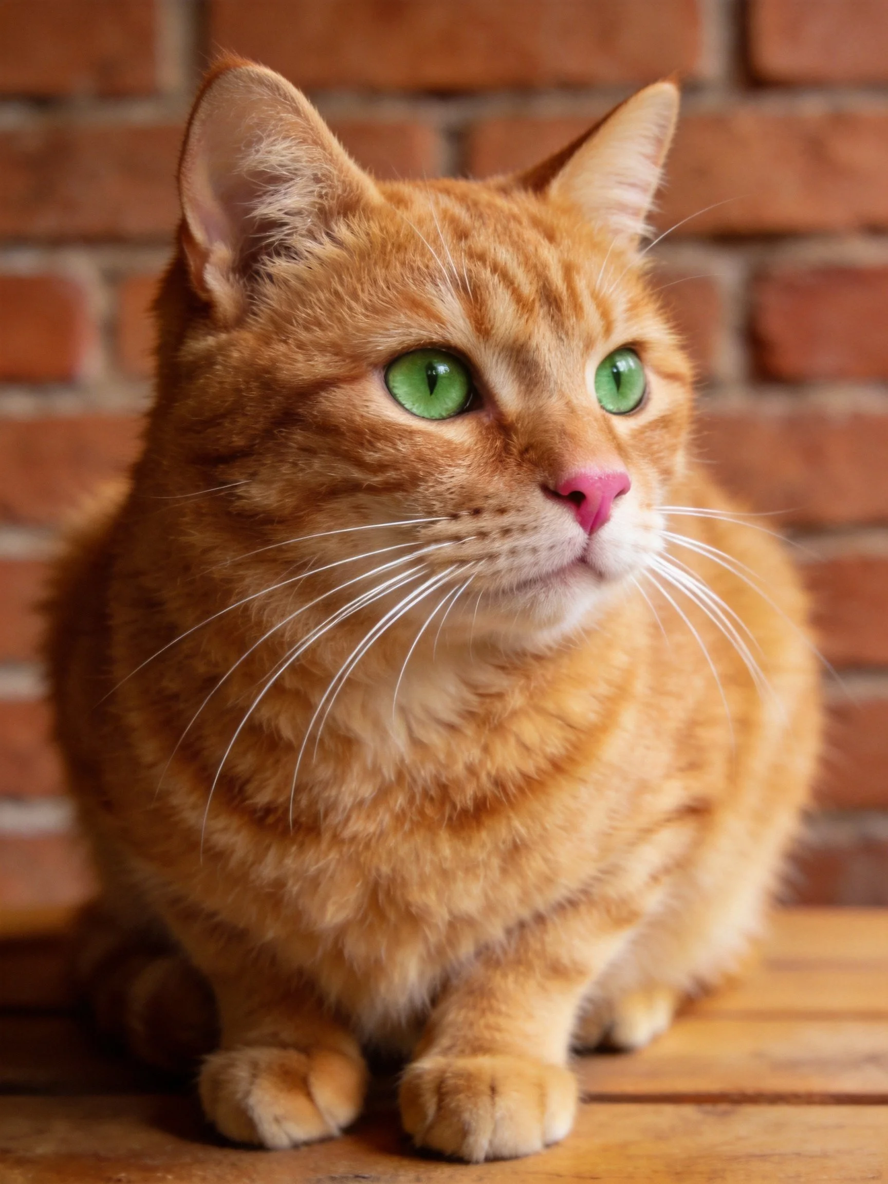 Orange tabby cat with green eyes sits beside a brick wall.
