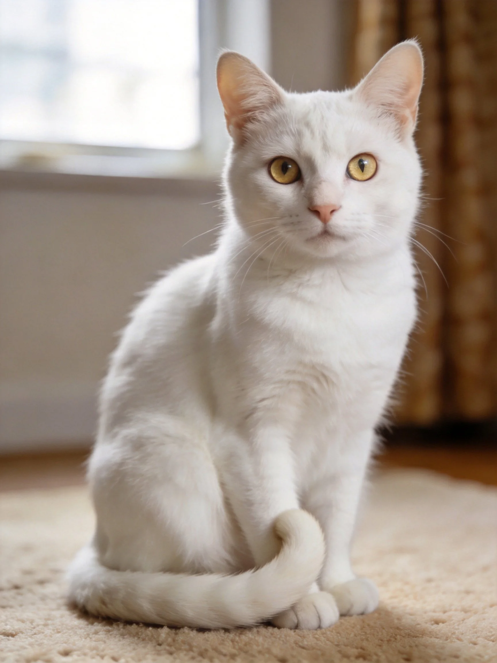 A white cat with golden eyes sits calmly indoors on a beige carpet.