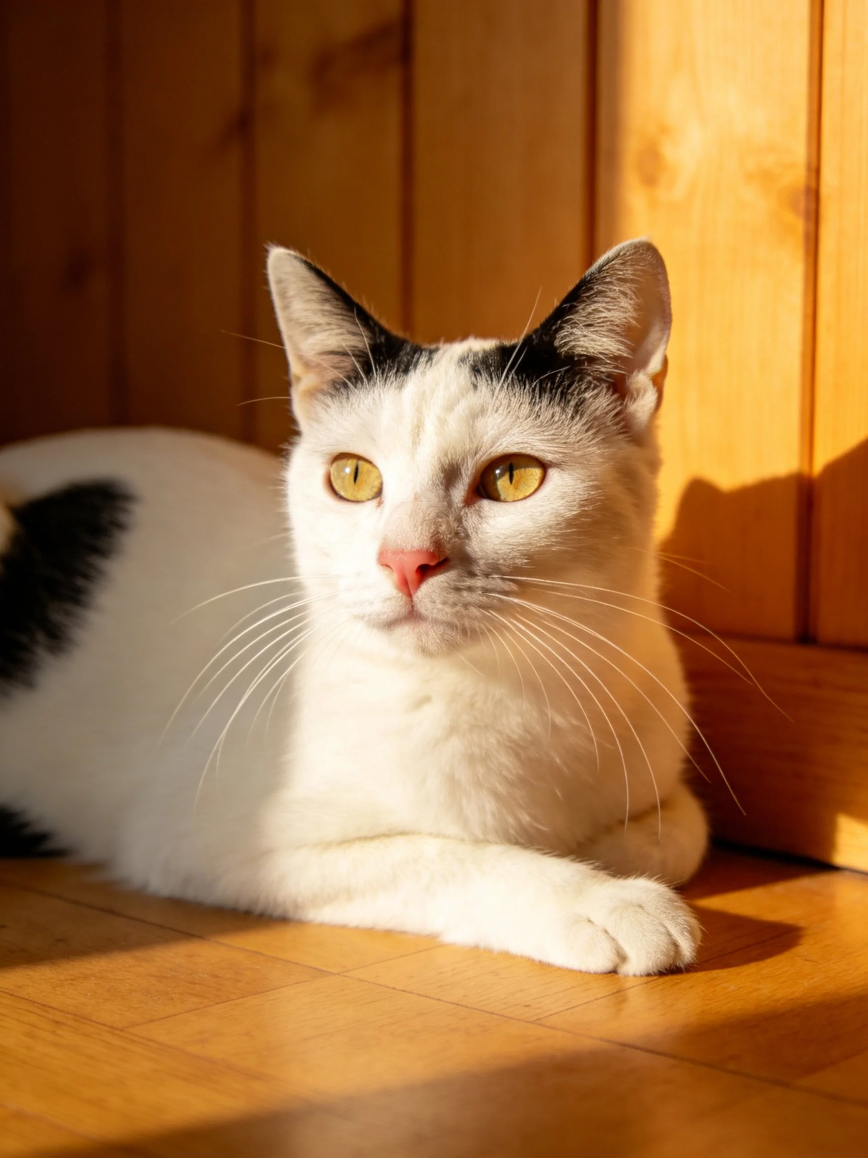 White and black cat lounging on wooden floor near sunlit wood paneling
