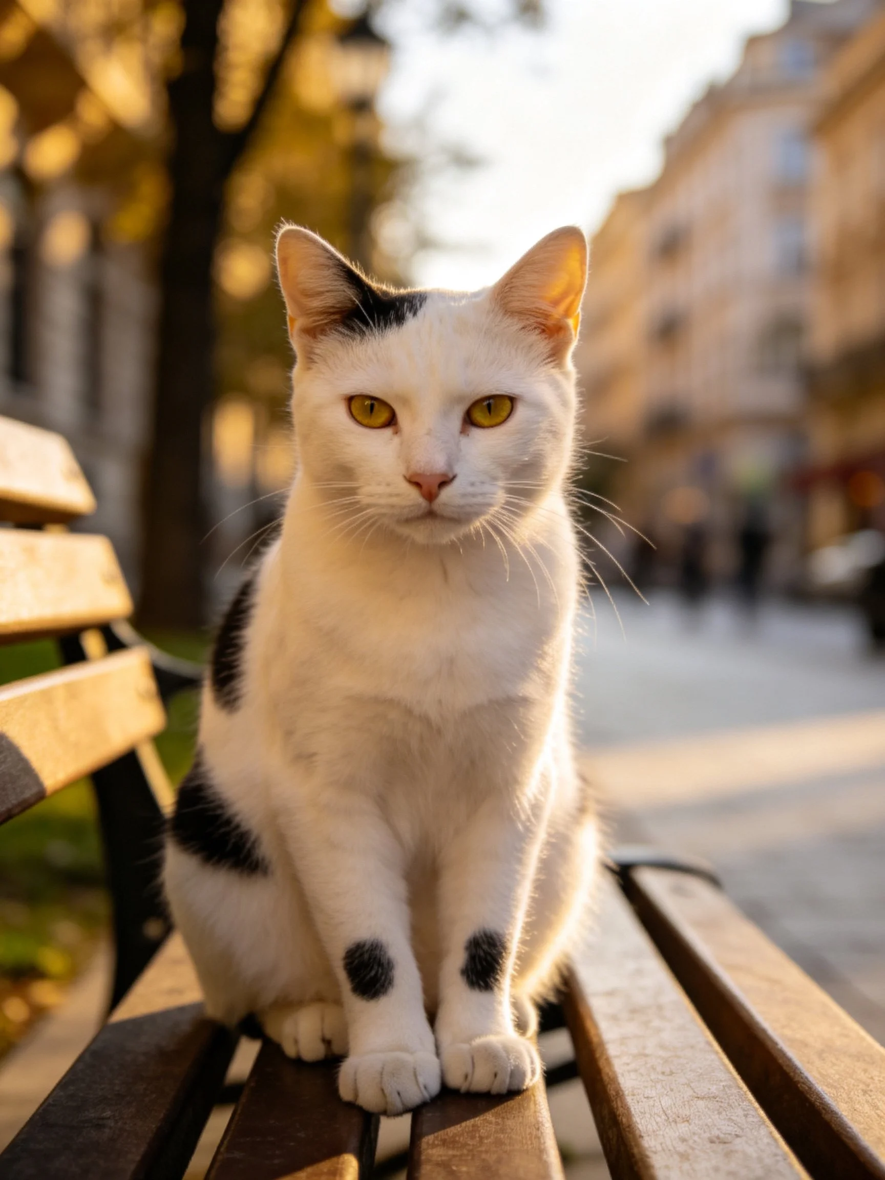 A white and black cat sits on a wooden park bench in an urban area.