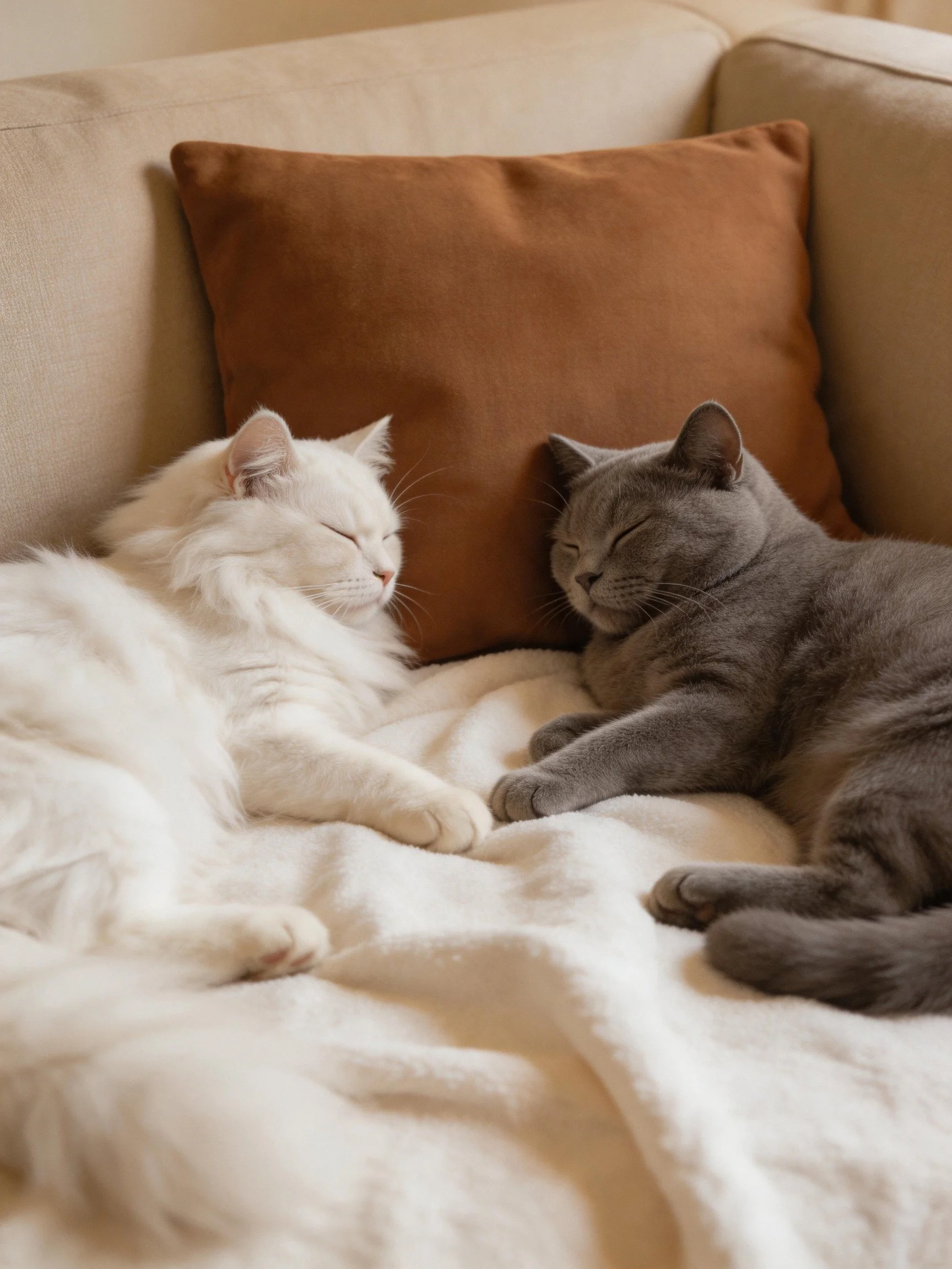 White and gray cats napping on a beige couch with a brown pillow