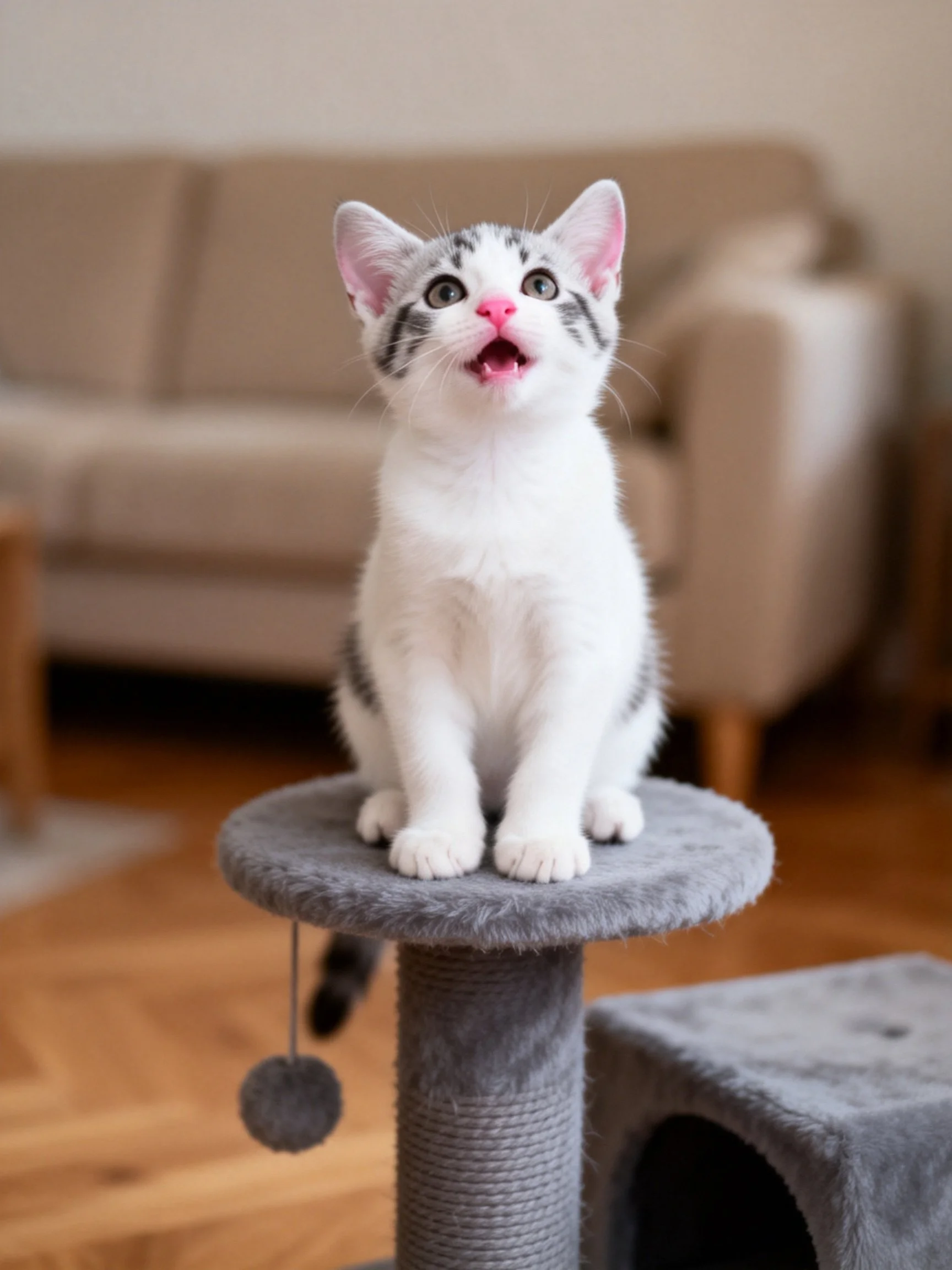 A small white and gray kitten sits on a cat tree in a living room setting.