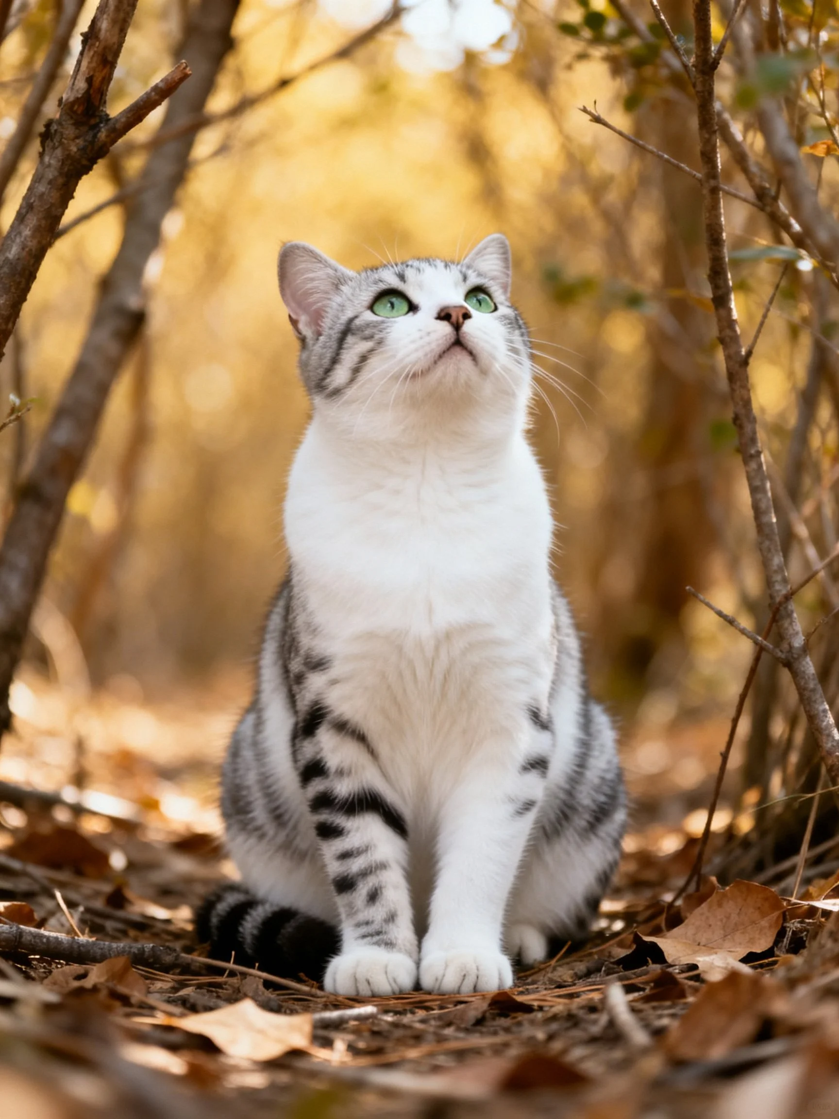 A white and gray tabby cat sits calmly among branches in a sunlit autumn environment.