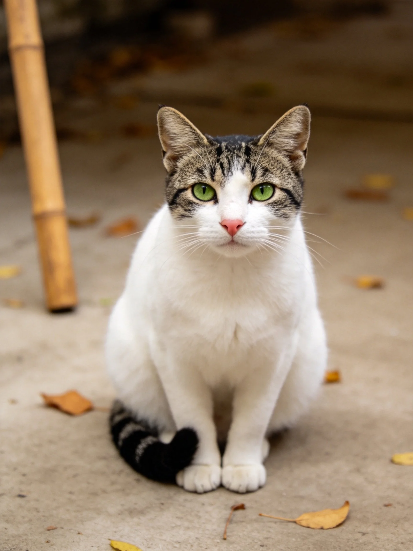 A white and gray tabby cat with green eyes sits on a leaf-covered concrete area near a bamboo pole.