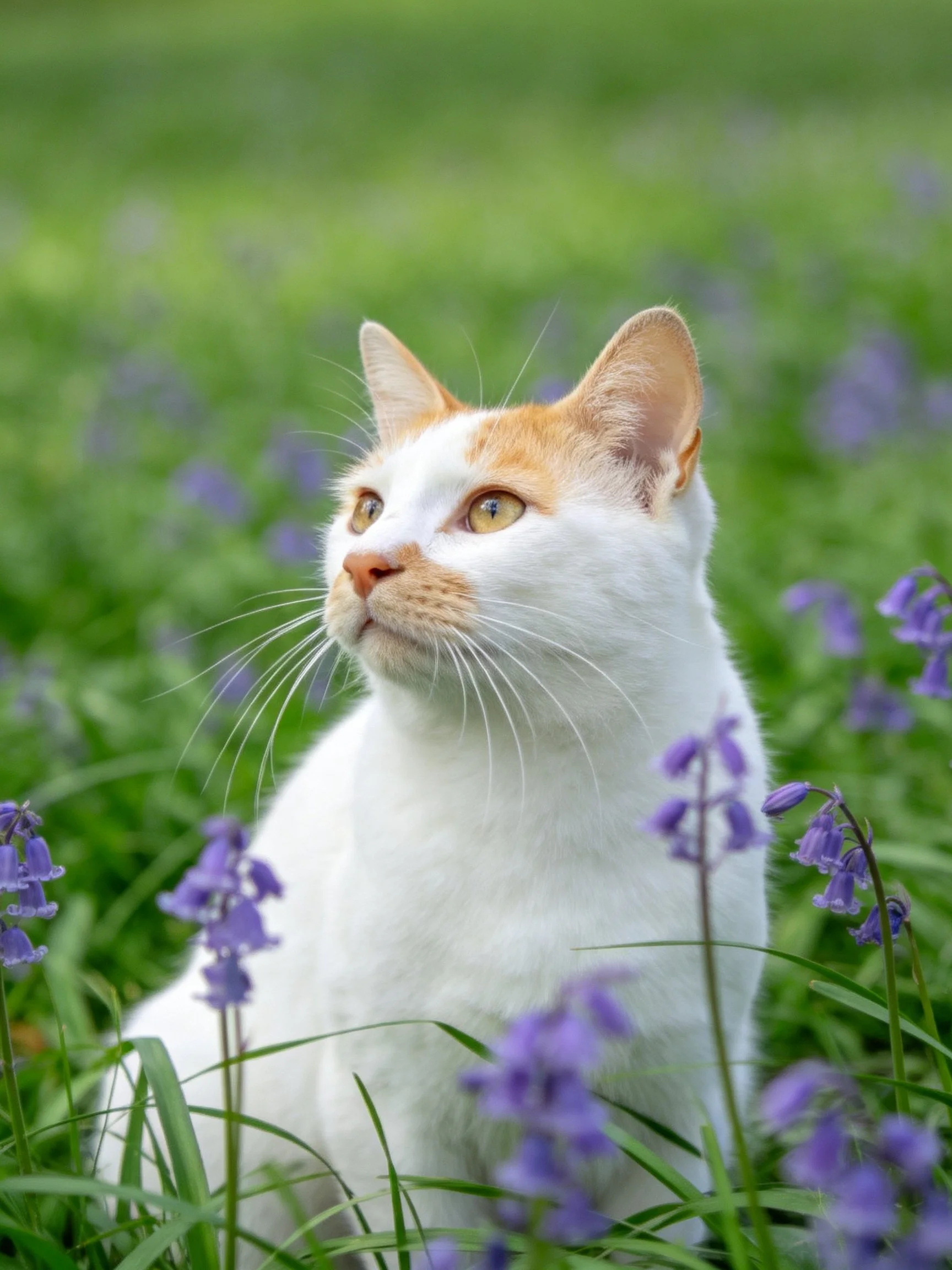 White and orange cat amid purple flowers and green grass