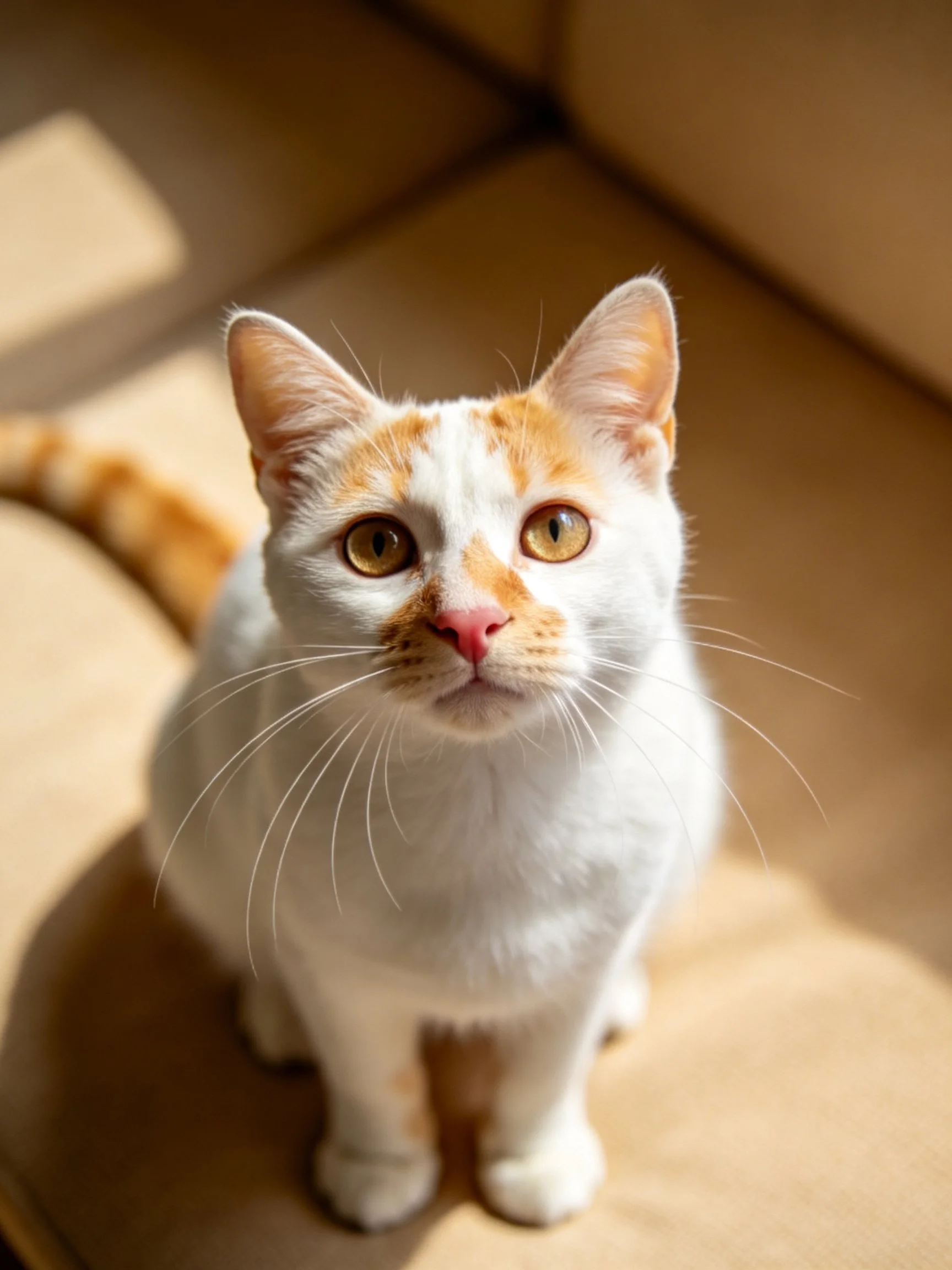 White and orange cat sits on beige couch in warm sunlight