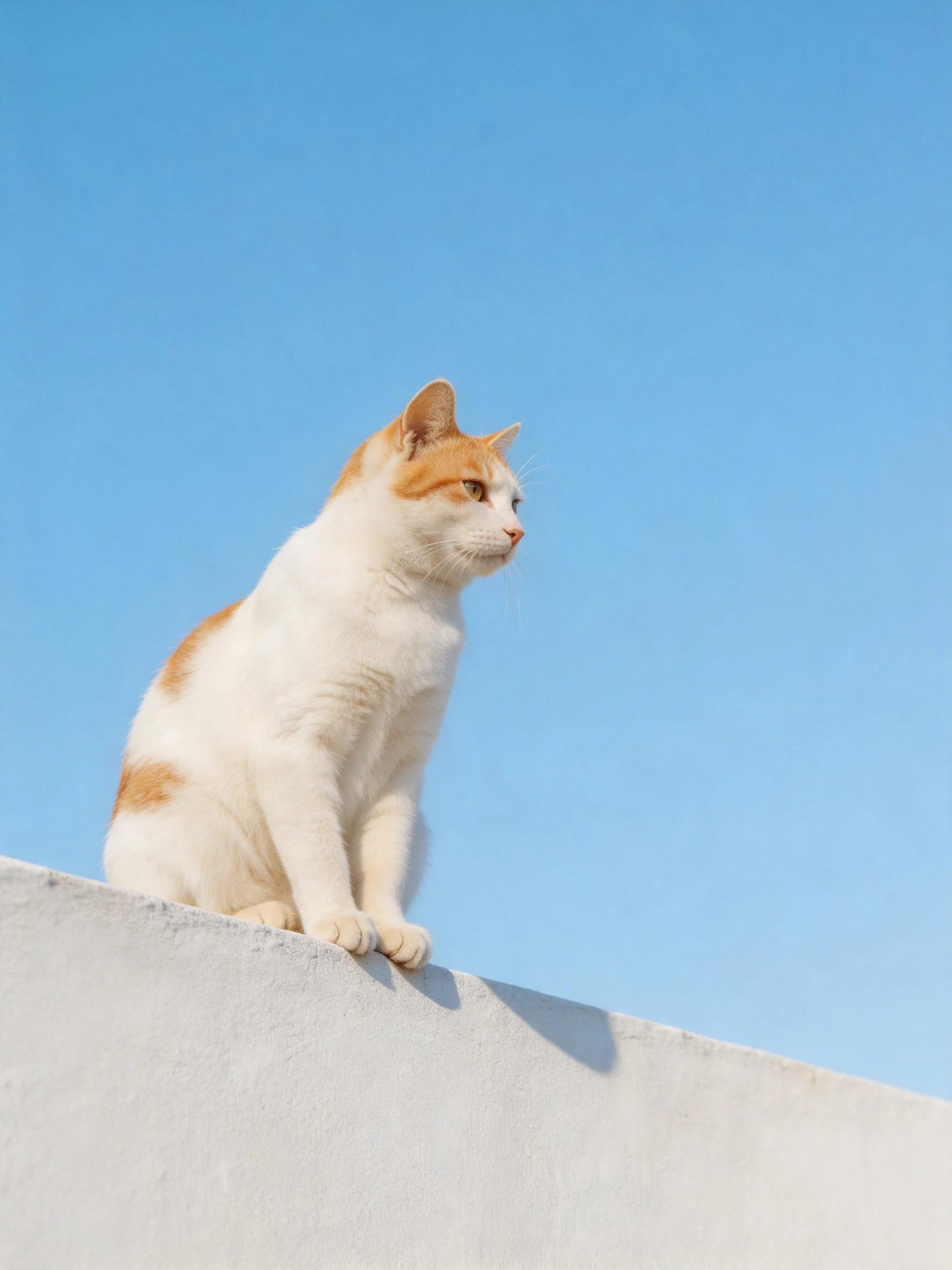 A white and orange cat sits atop a gray ledge beneath a clear blue sky.