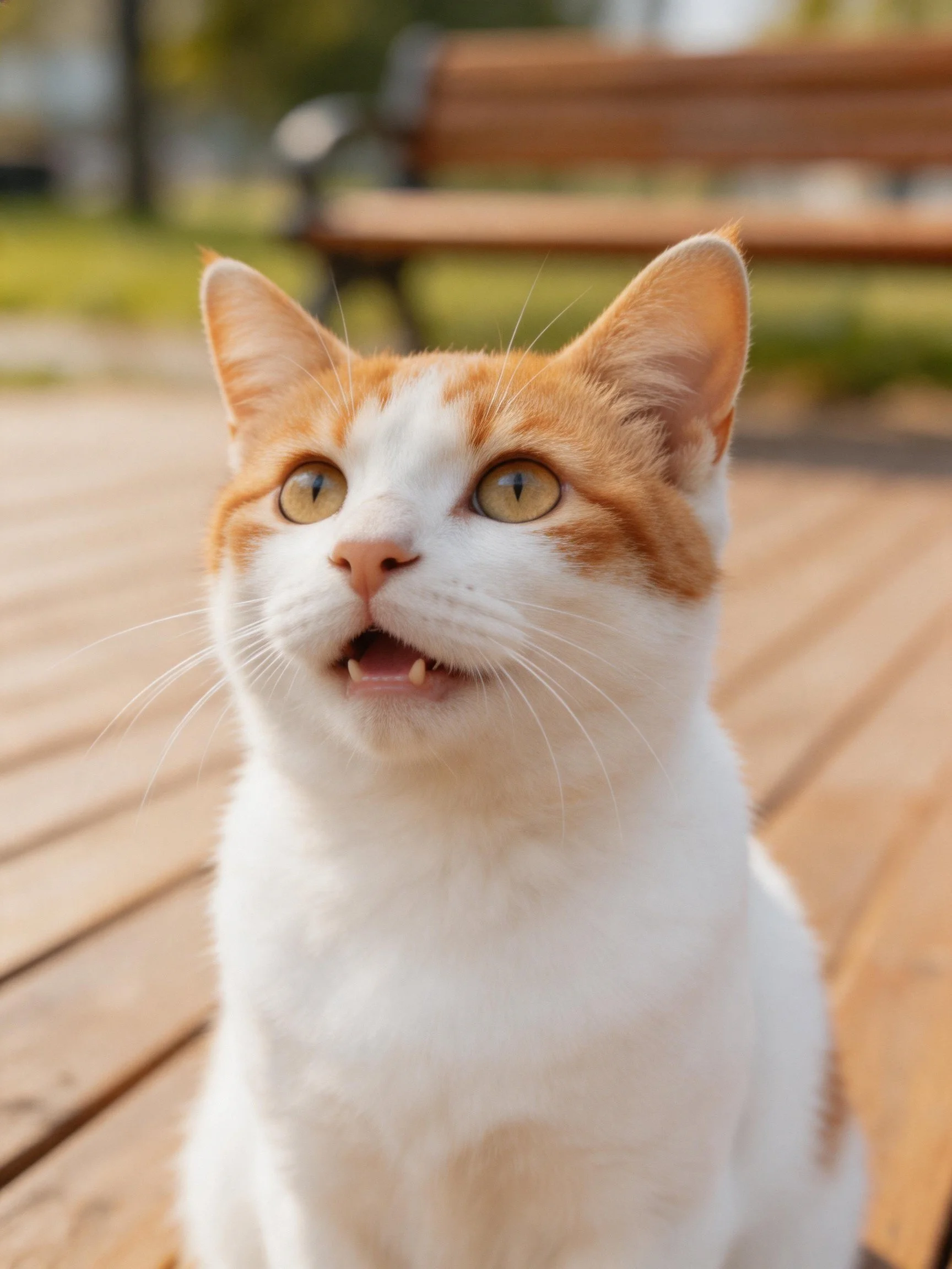 A white and orange cat sits on a wooden surface with a park bench in the background.