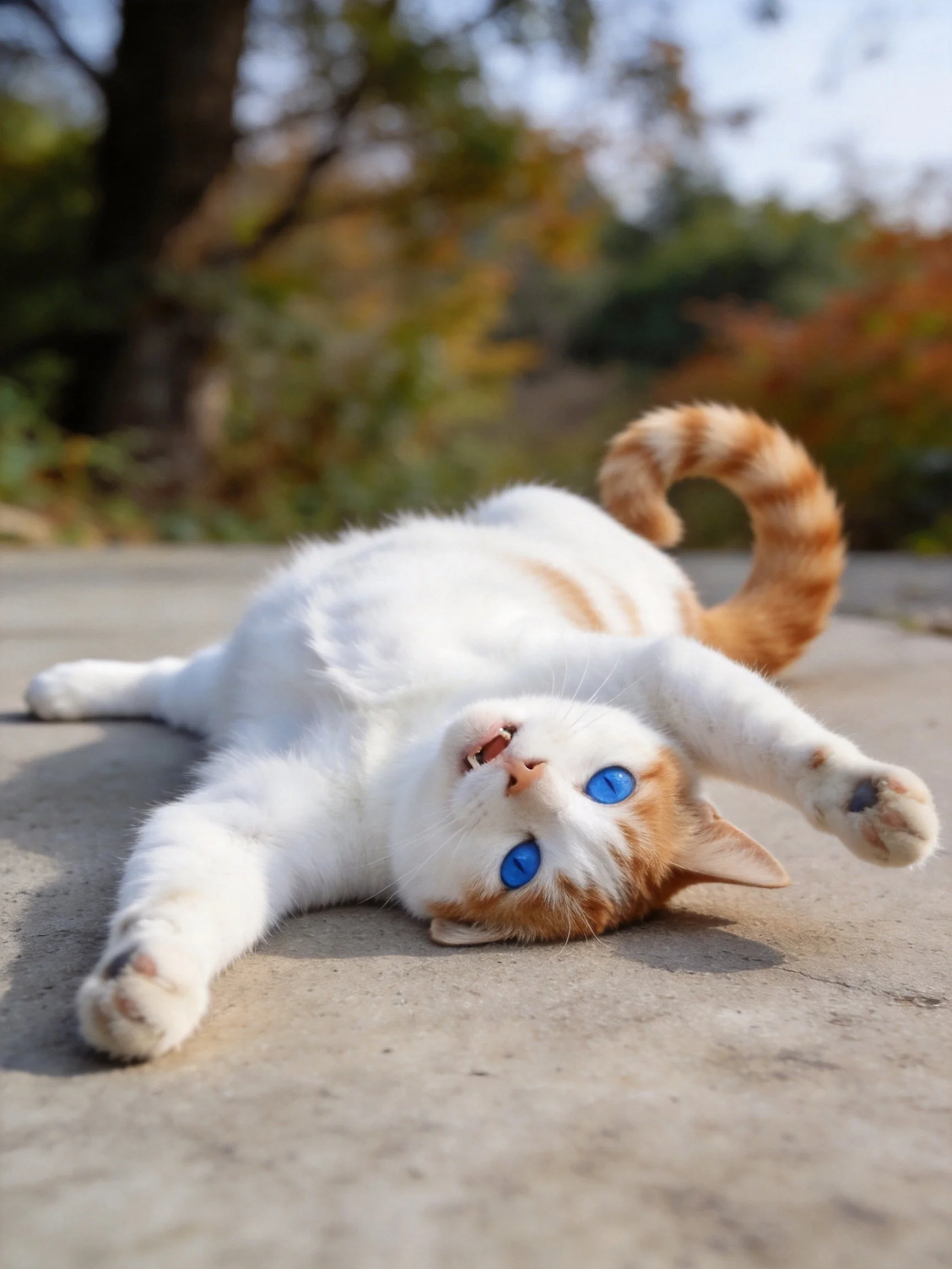 A white and orange cat with blue eyes relaxes on concrete in an outdoor setting.
