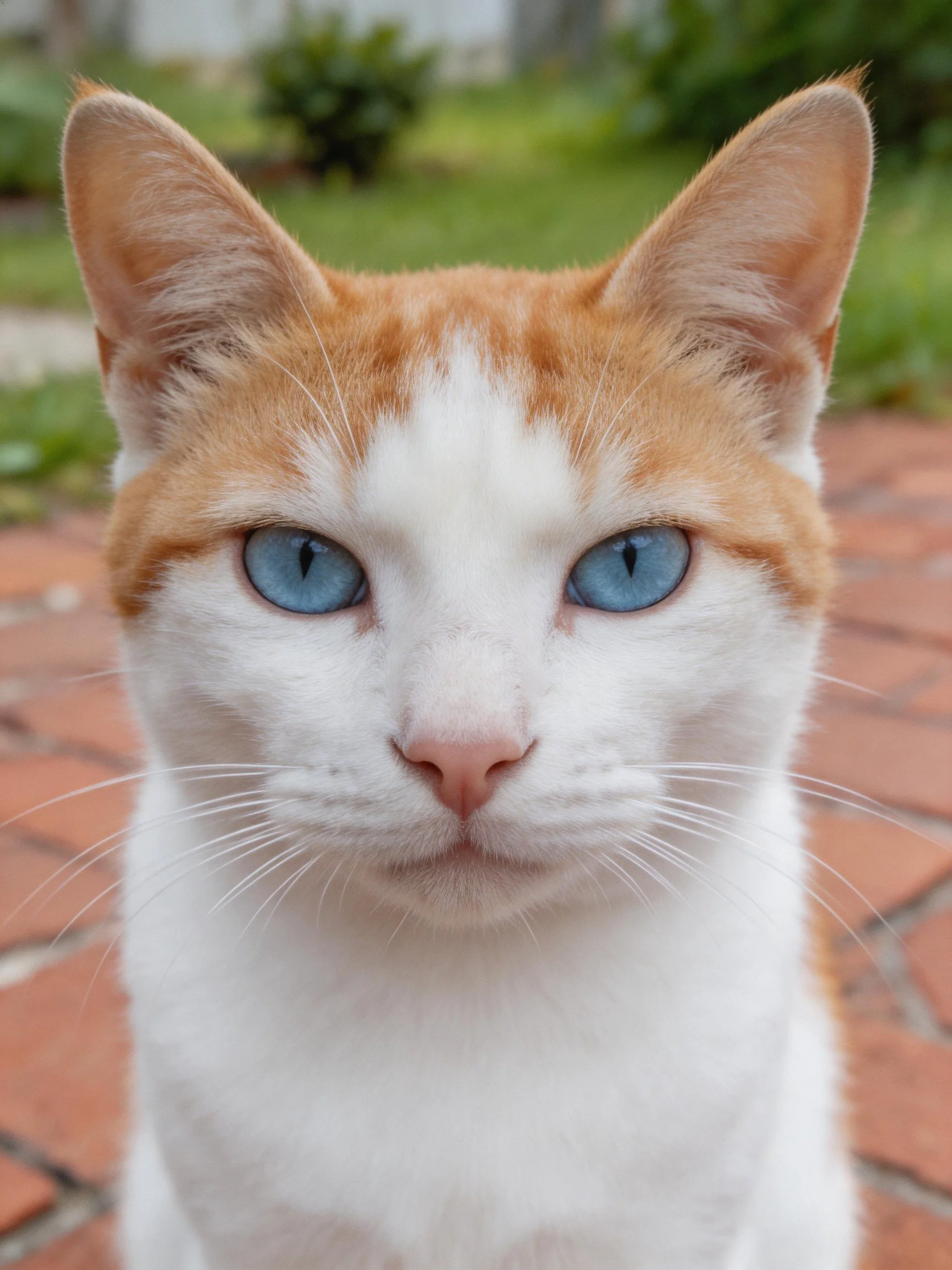 A white and orange cat with blue eyes sits on a brick path near greenery.