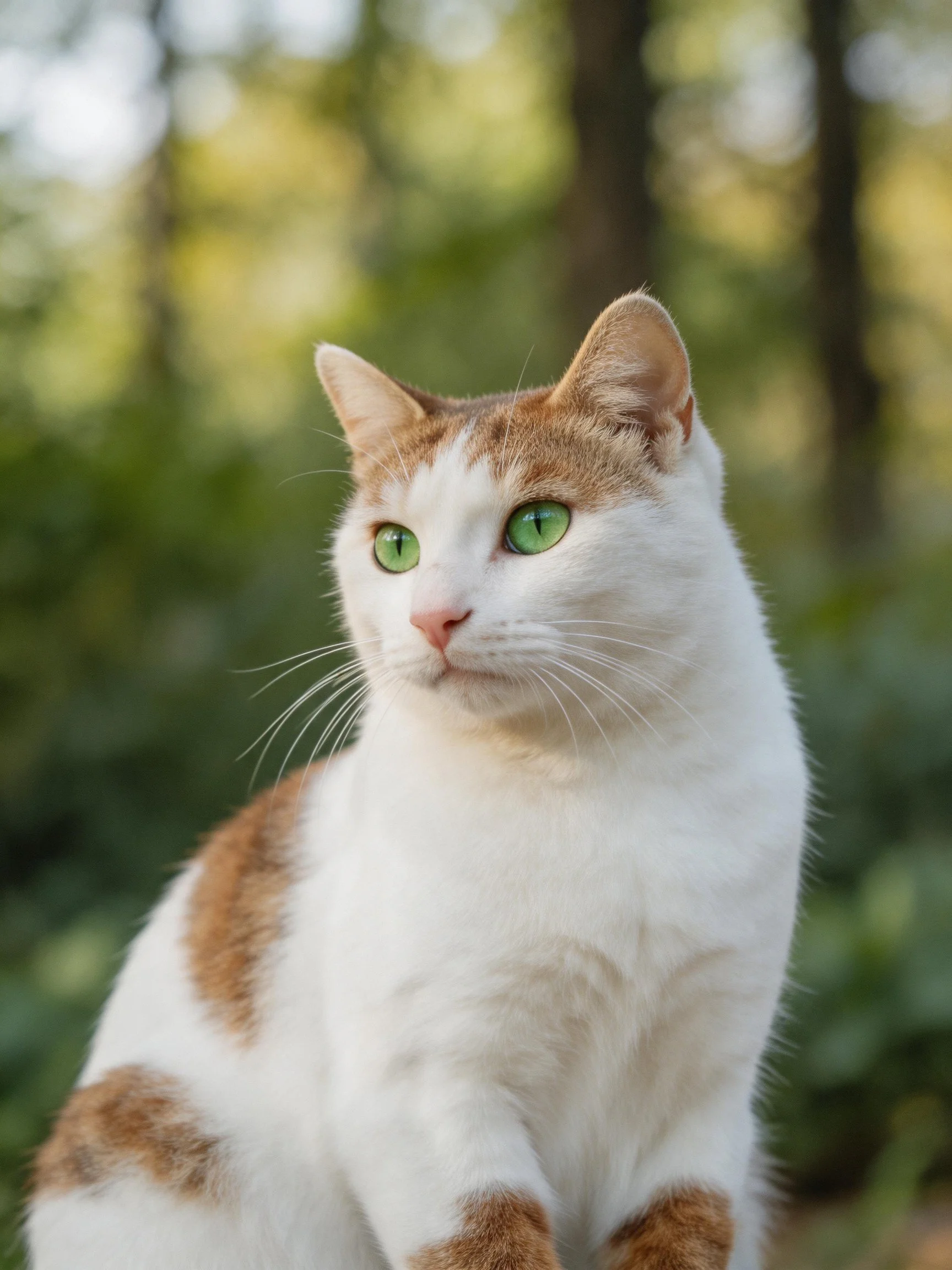 A white and orange cat with green eyes rests peacefully amid blurred natural scenery.