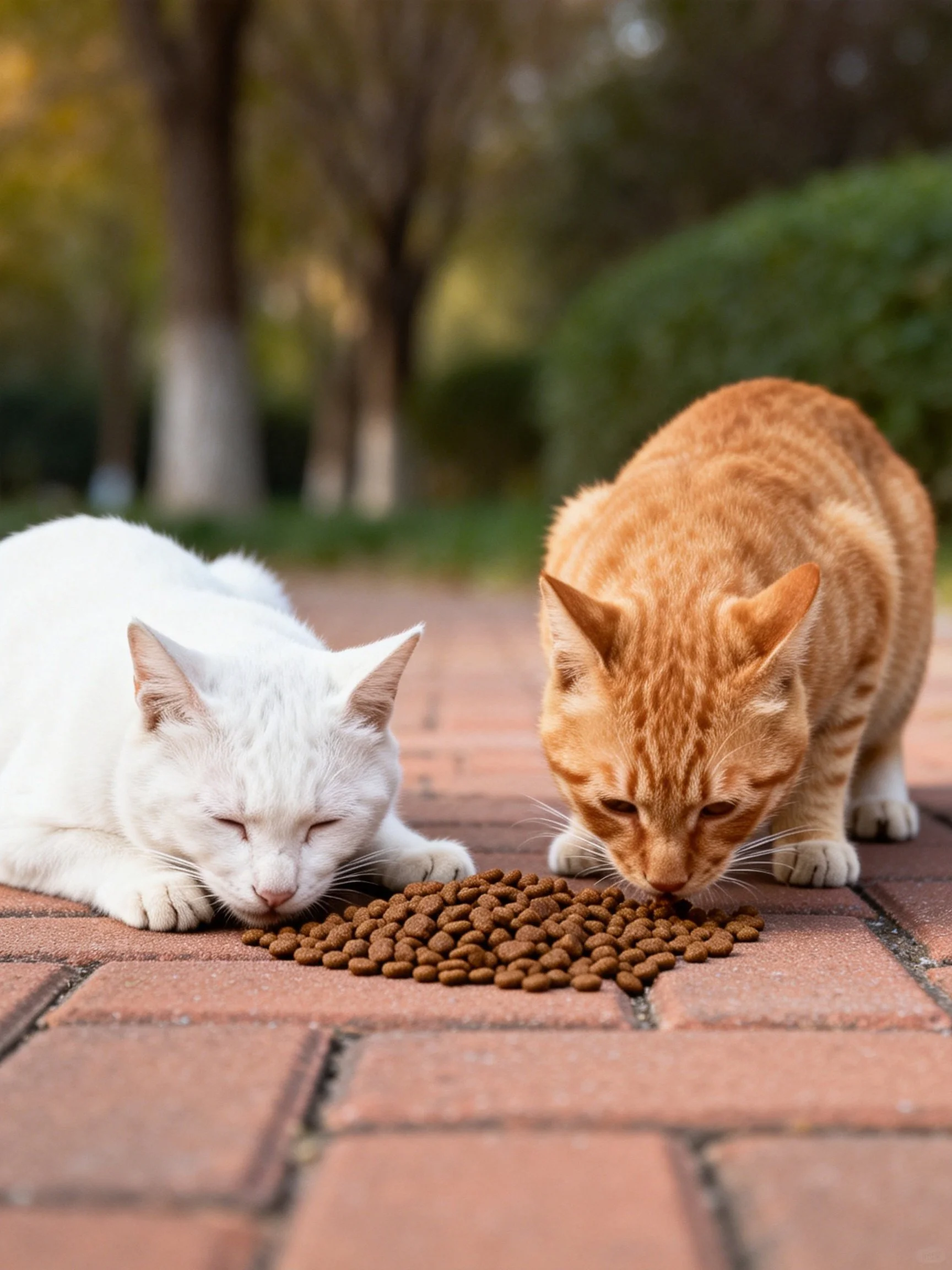 White and orange cats eat dry kibble on brick pavement