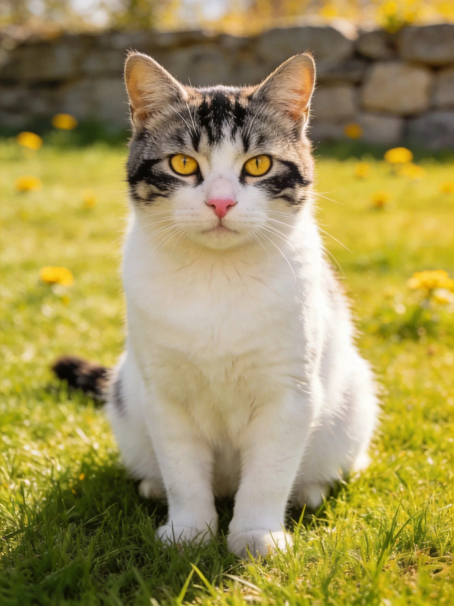 A white and tabby cat sits on green grass in a sunny outdoor setting.