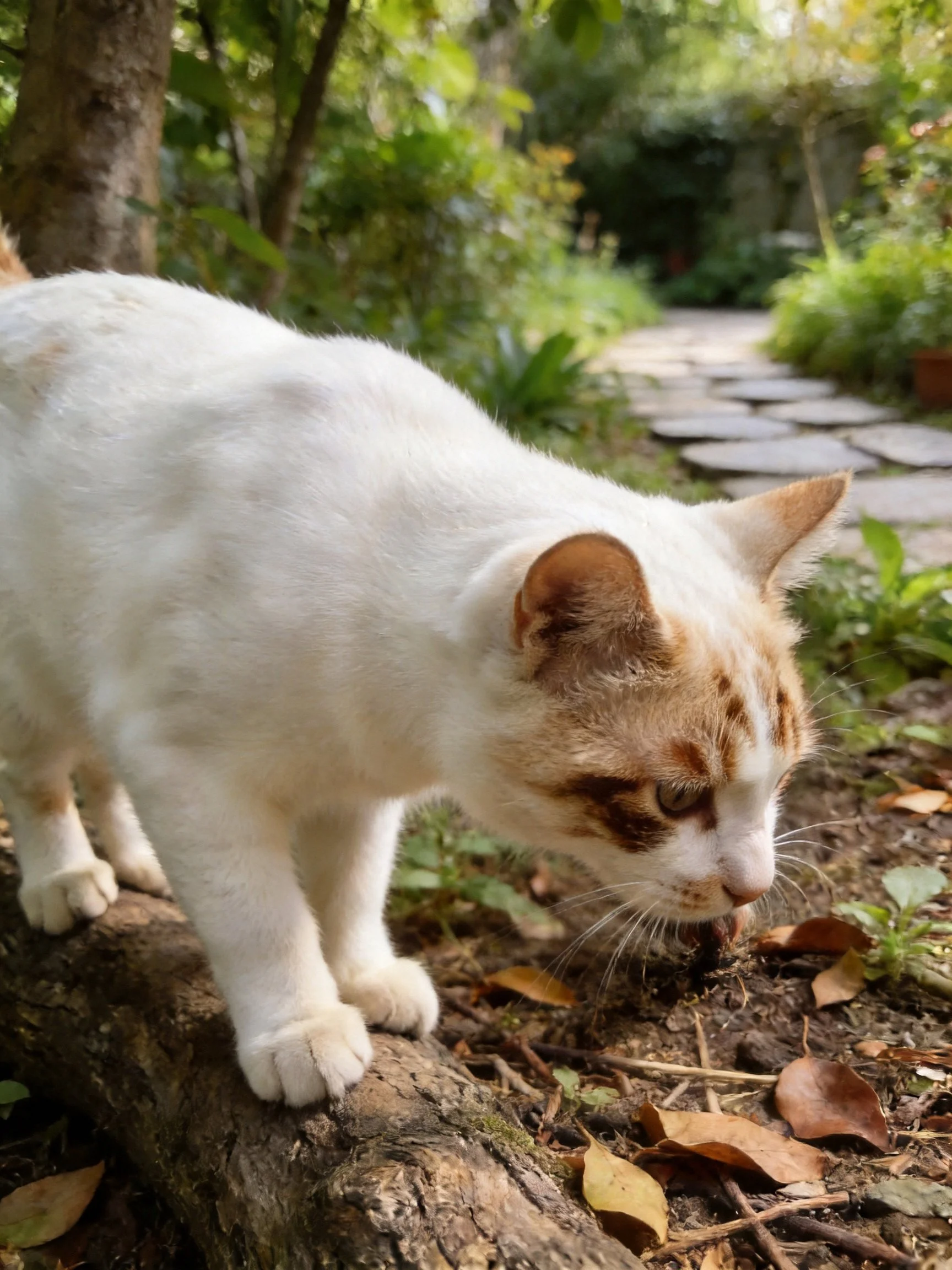 A white and tan cat investigates near a log in a verdant garden setting.