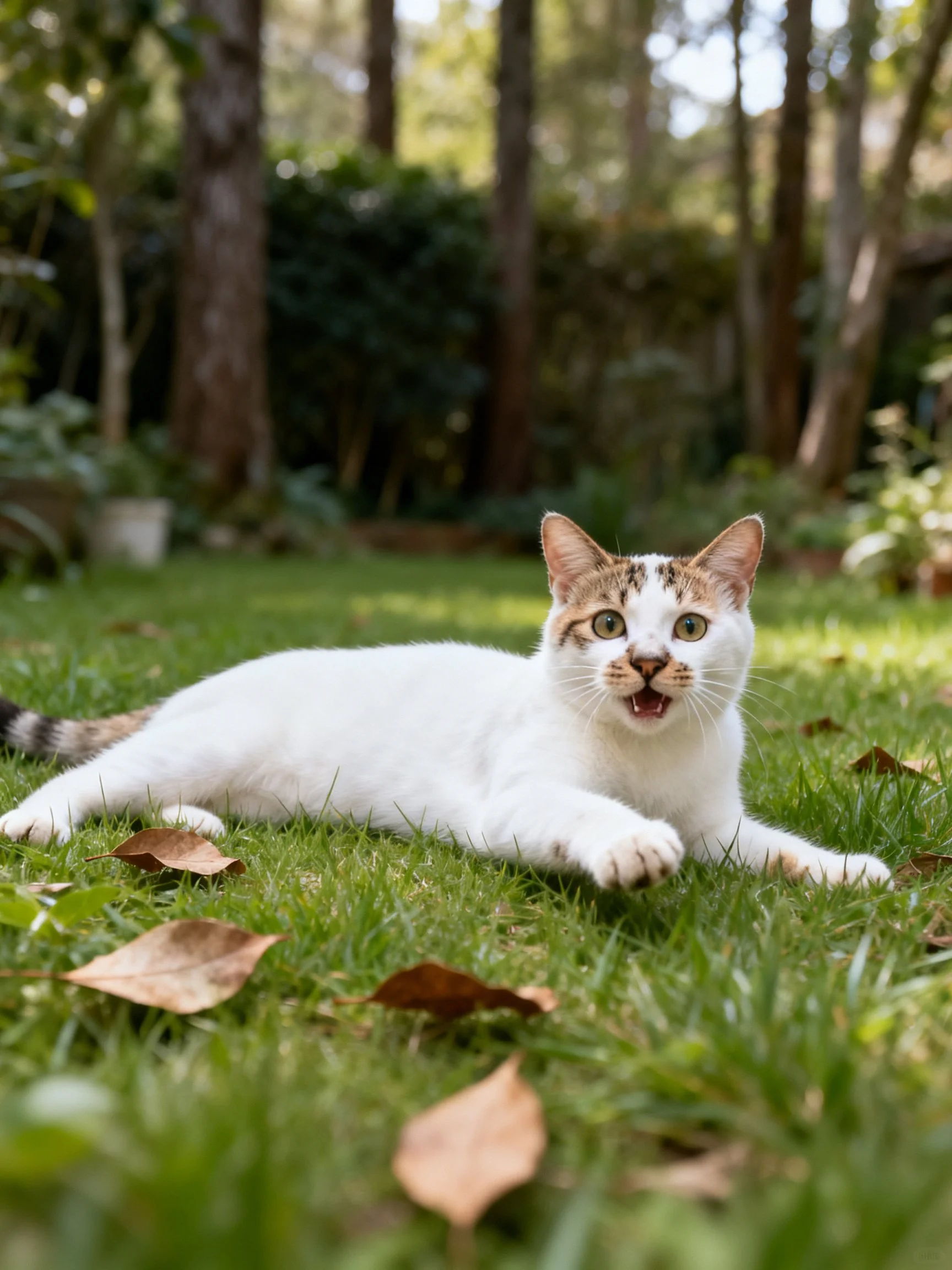 White and tan cat lounging on green grass near trees