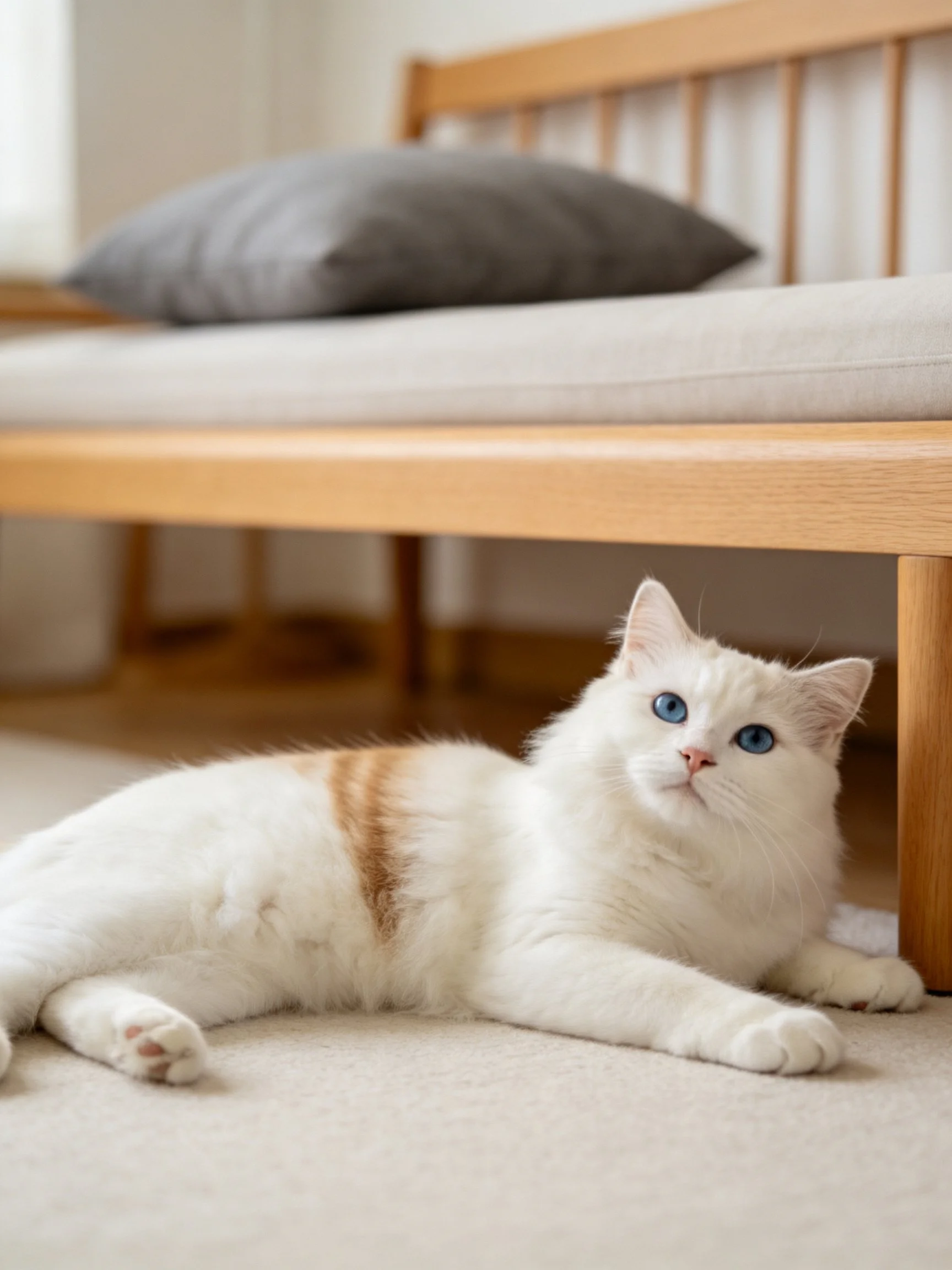 A white and tan cat with blue eyes rests under a wooden bench.