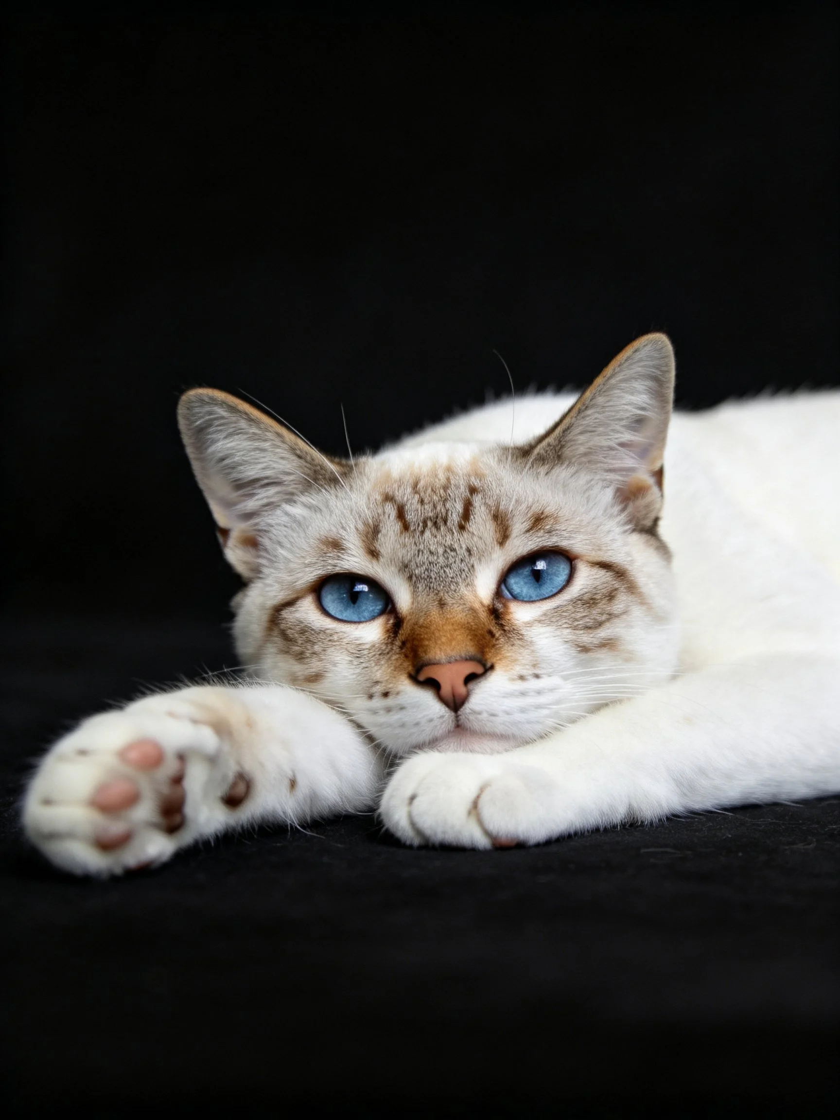 A white and tan cat with blue eyes rests calmly against a black background.