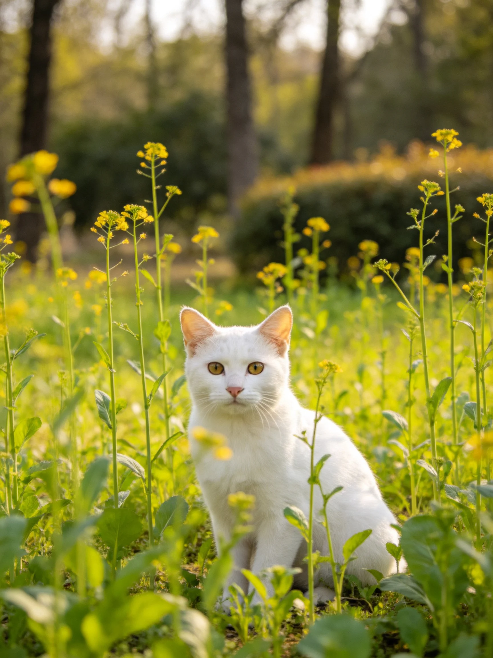 White cat among yellow wildflowers in sunlit clearing