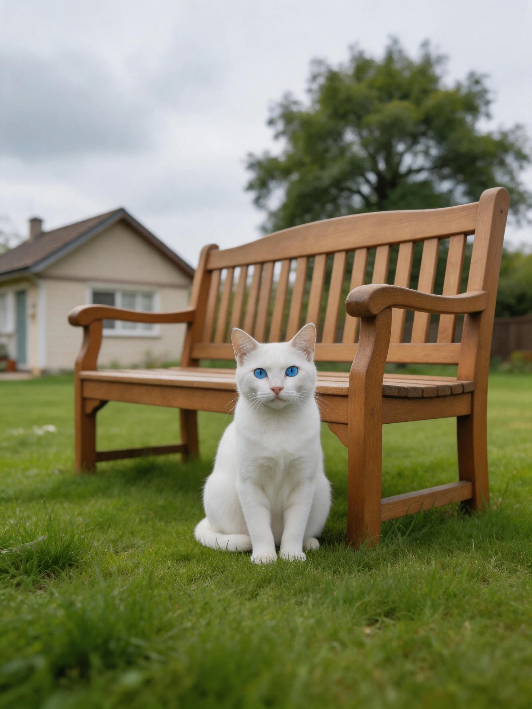 White cat beside wooden bench in green backyard