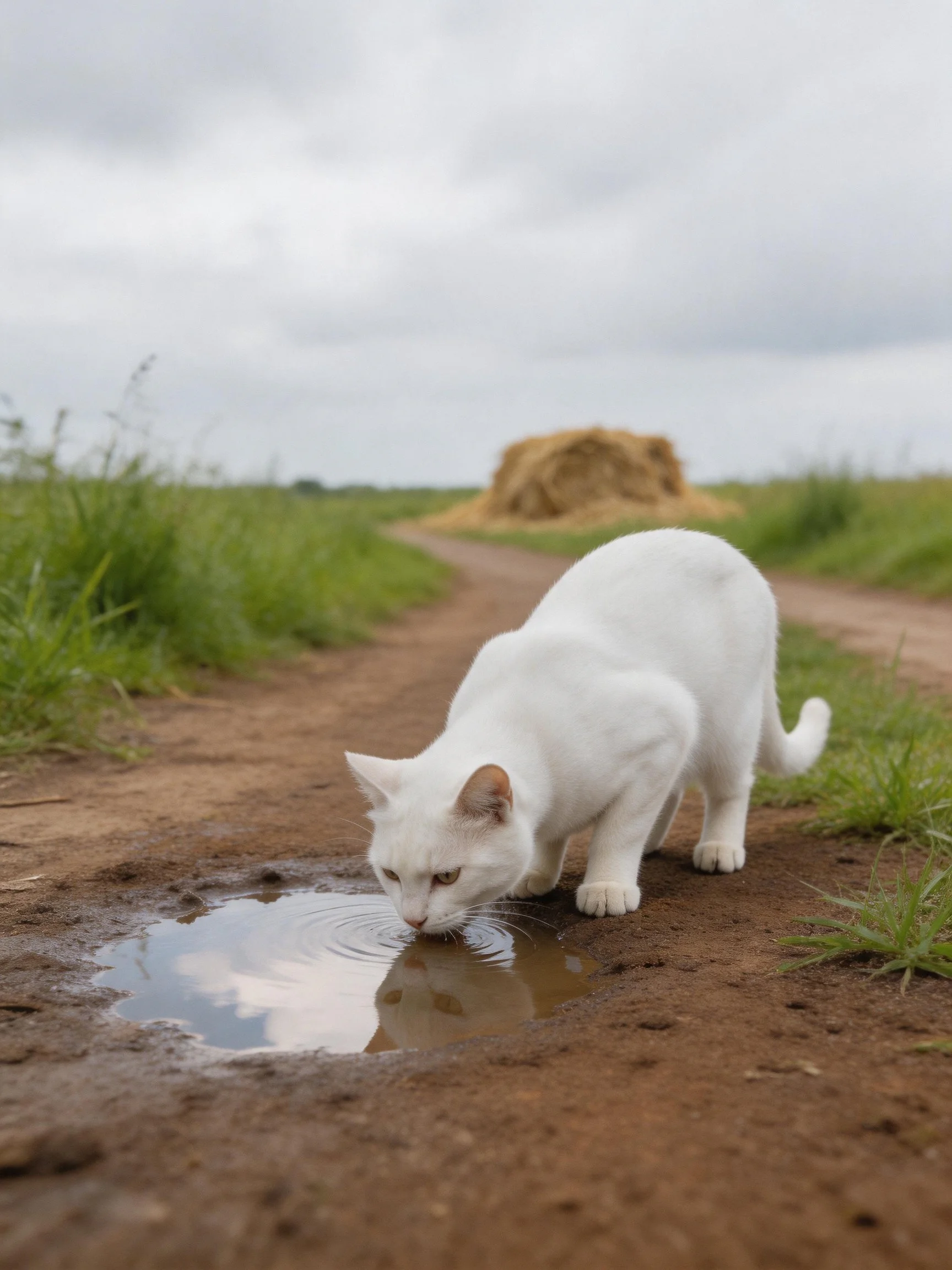 White cat drinks from puddle on rural dirt road with hay bale
