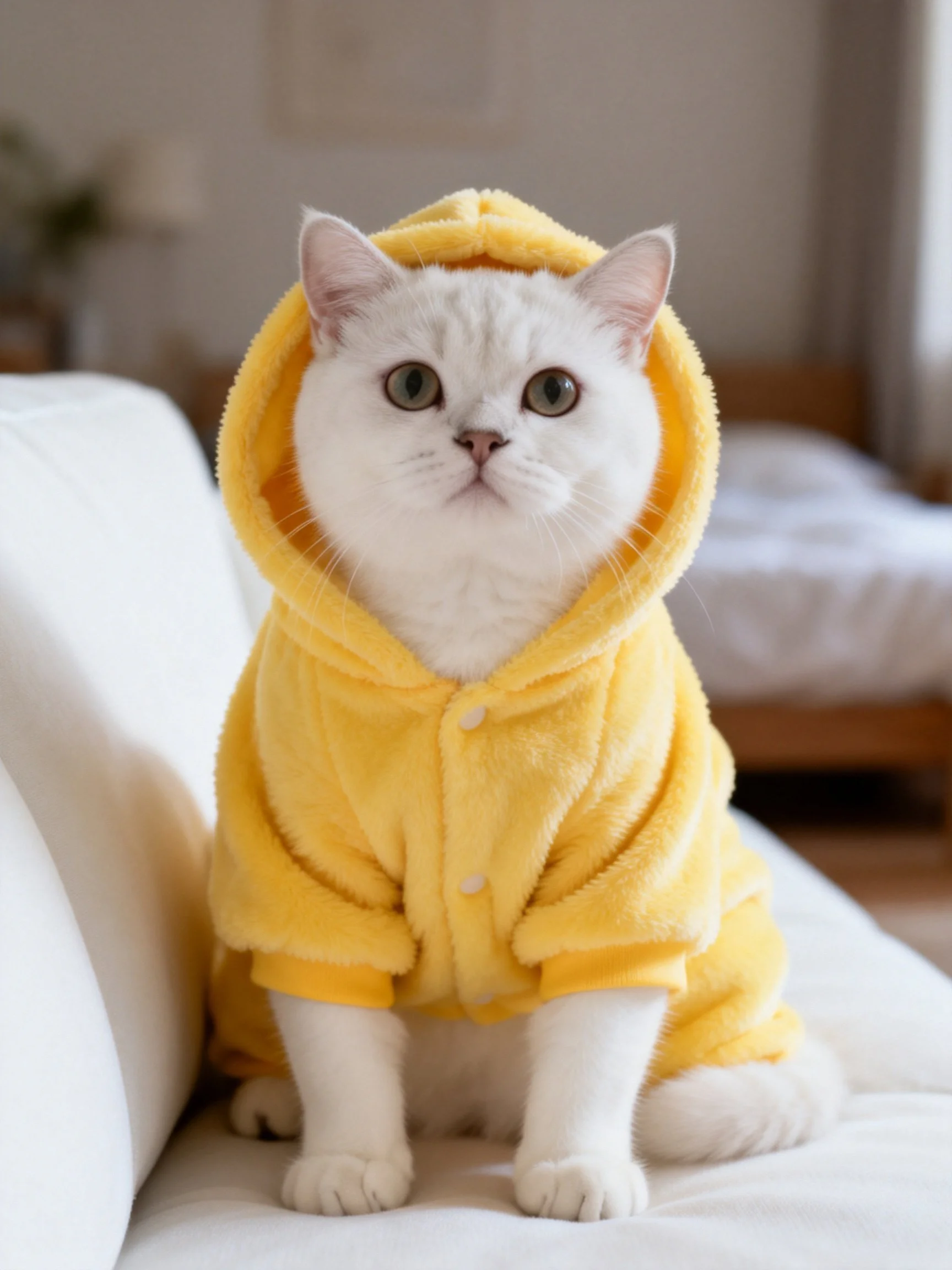 White cat in bright yellow hooded outfit