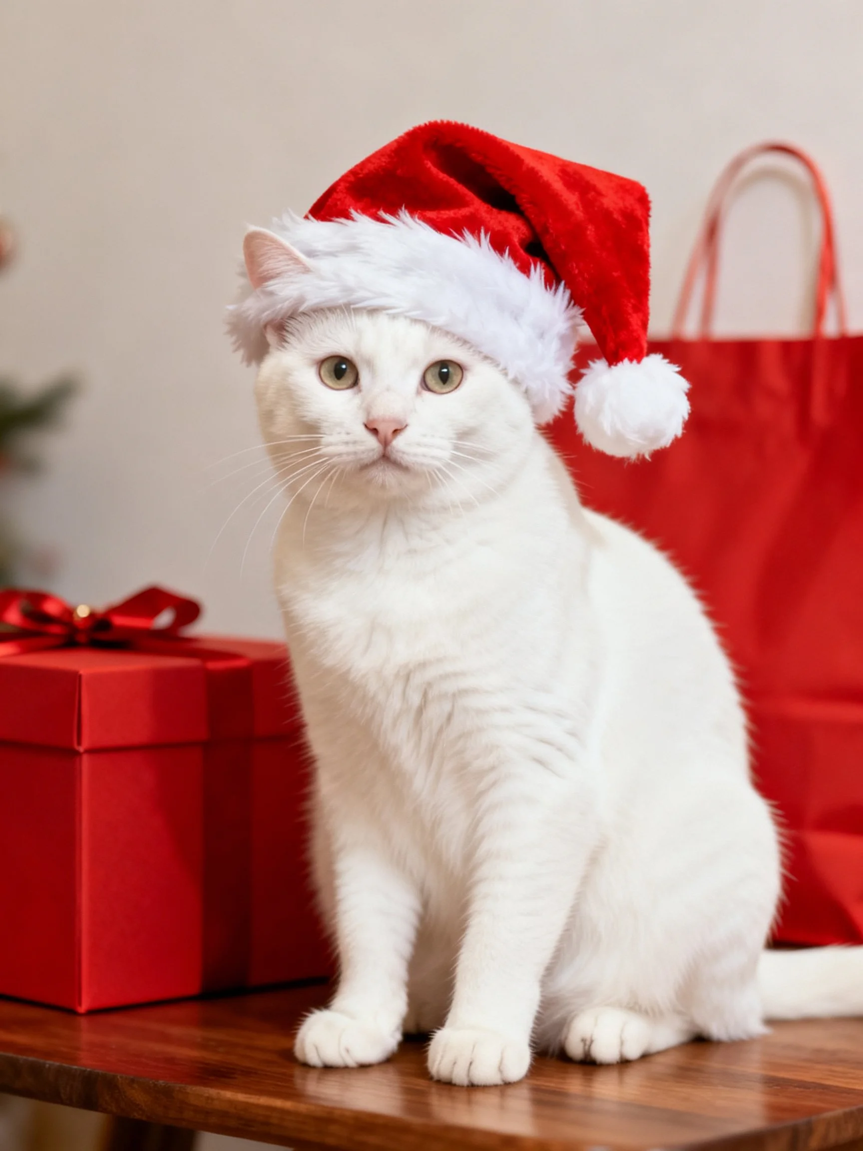 White cat in red Santa hat with red gift box and bag