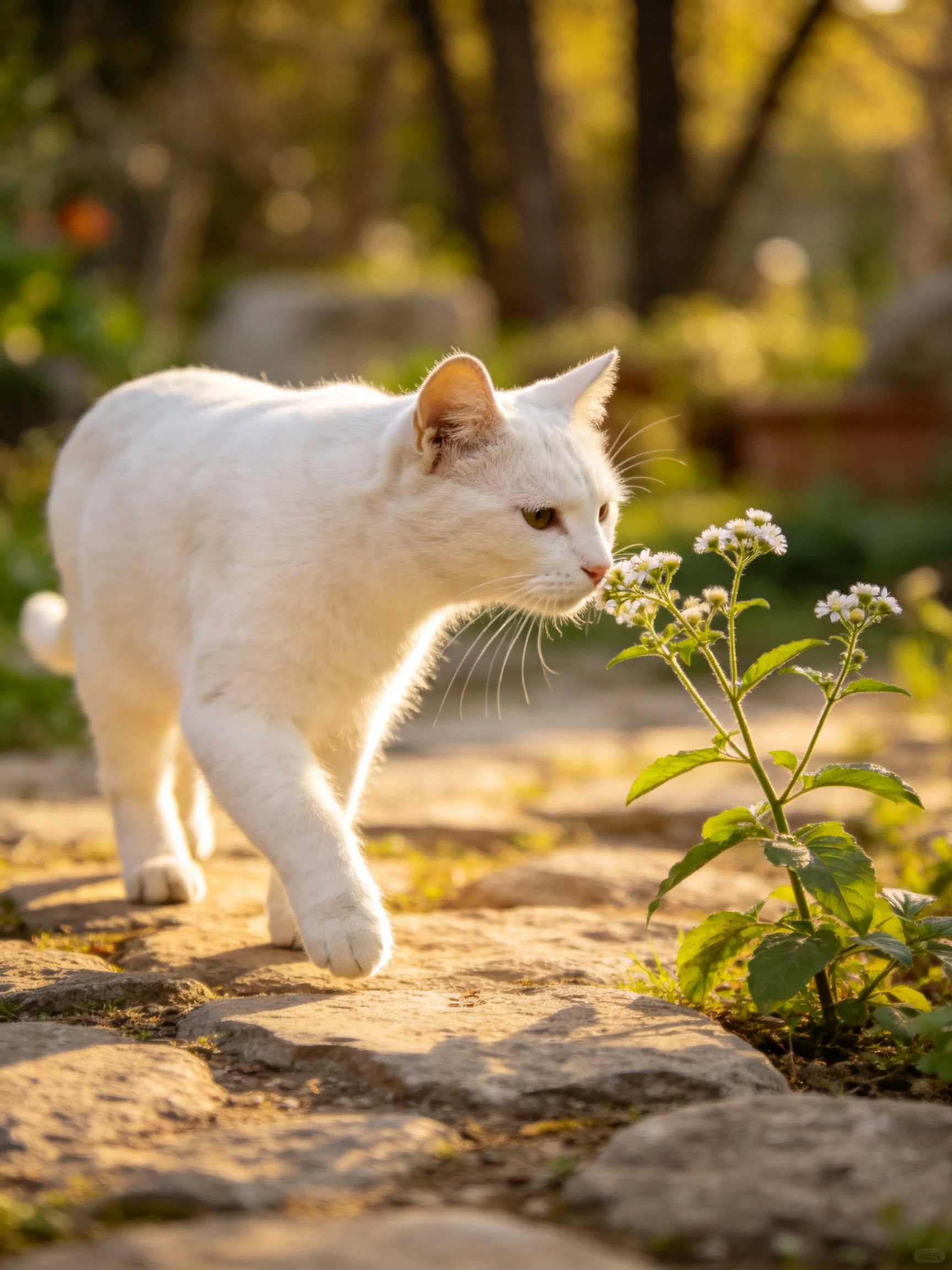 A white cat sniffs small flowers along a sunlit stone path.