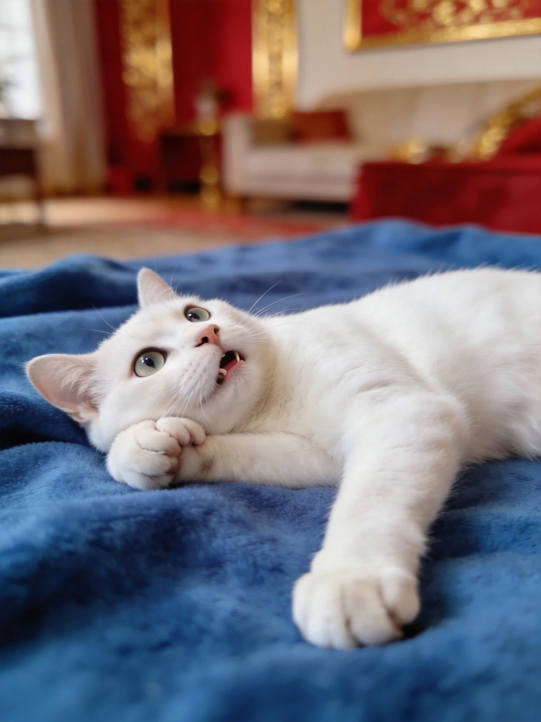 White cat lounges on blue blanket in ornate room