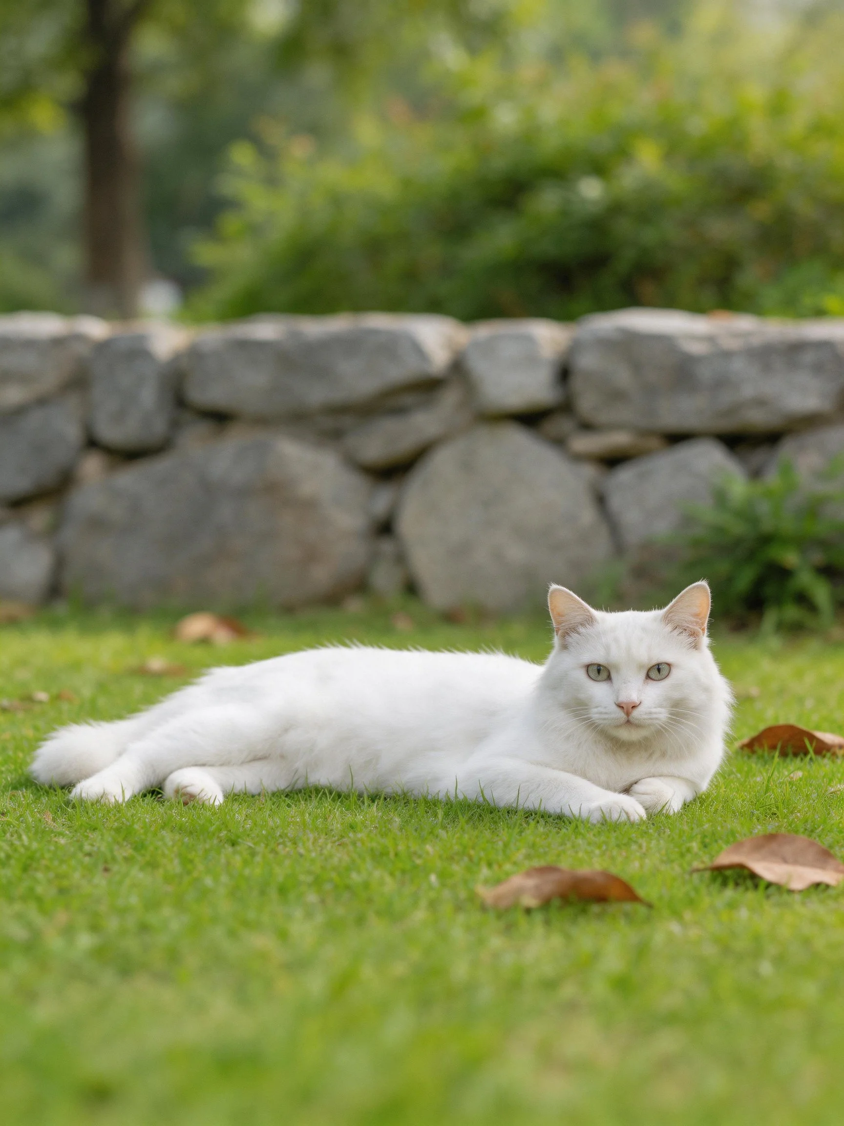 White cat lounging on lush grass beside a stone wall